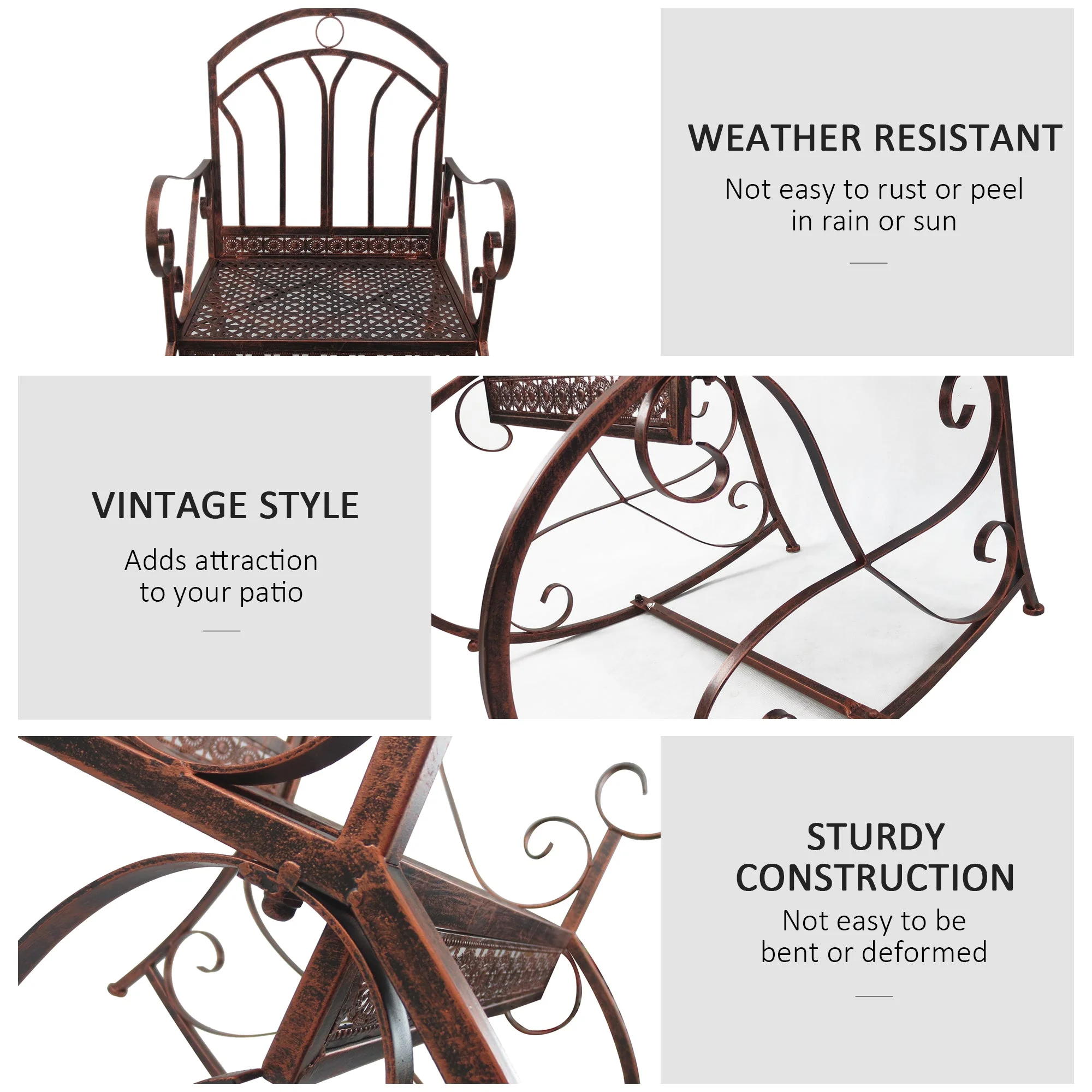 Outsunny Metal Single Chair 1 Seater Garden Outdoor Rocking Chair Vintage Style Bronze - Image 5