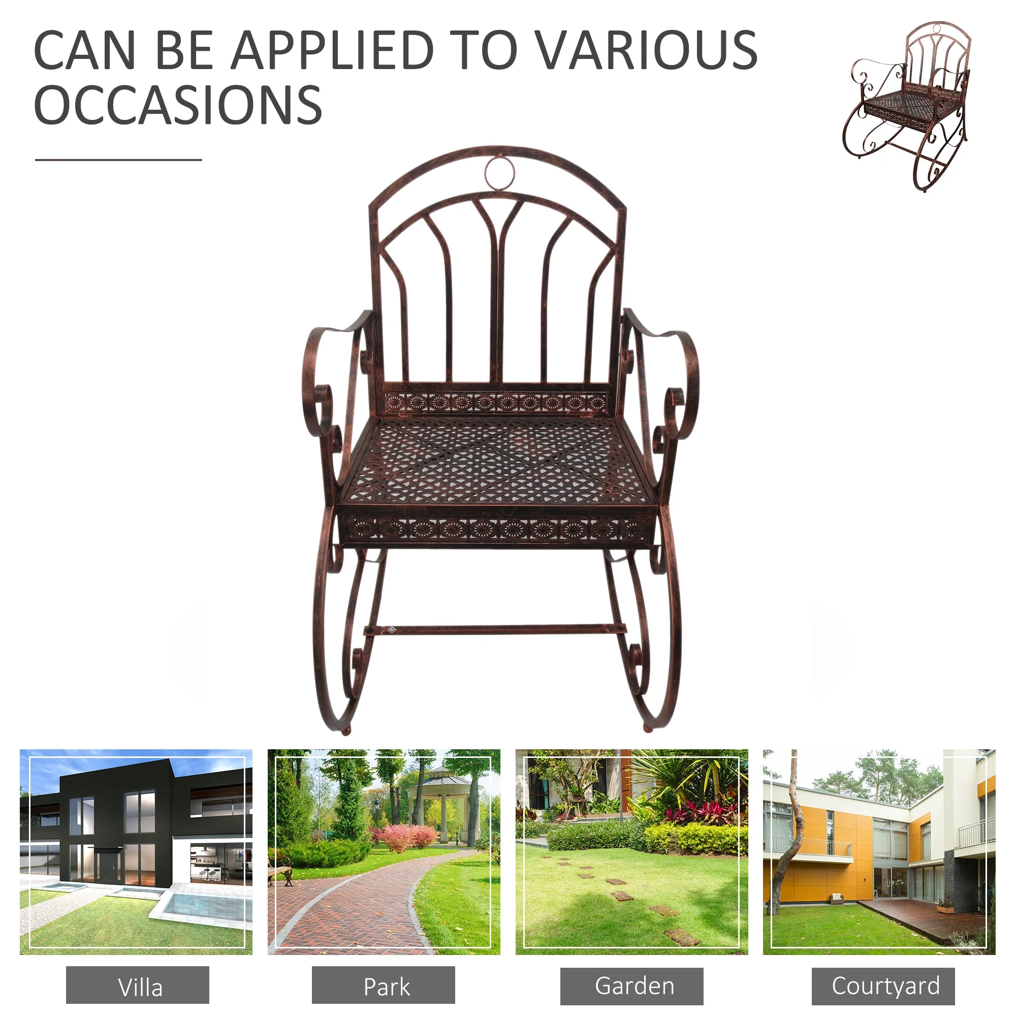 Outsunny Metal Single Chair 1 Seater Garden Outdoor Rocking Chair Vintage Style Bronze - Image 6