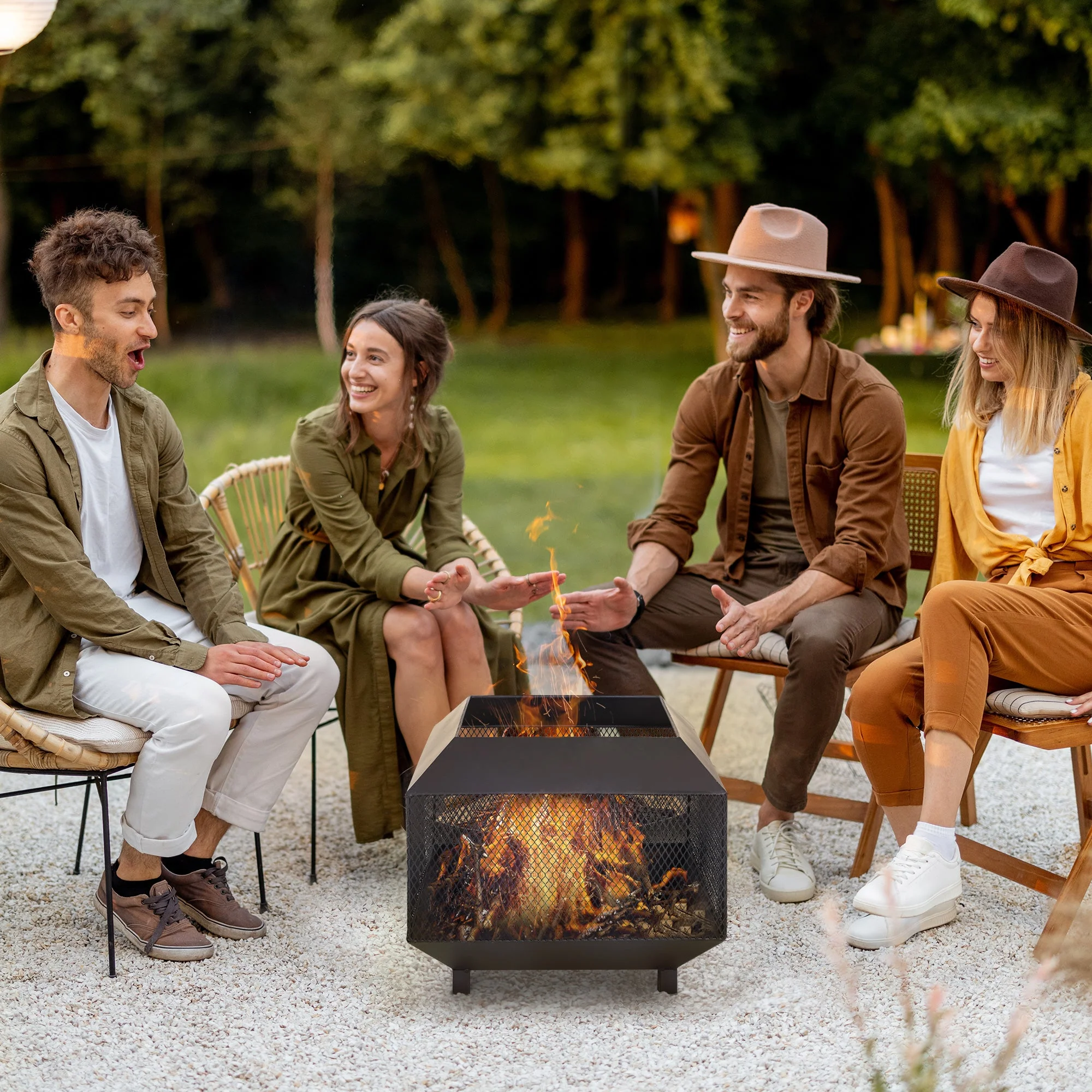 Outsunny Metal Square Fire Pit Outdoor Mesh Firepit Brazier W/ Lid - Image 2