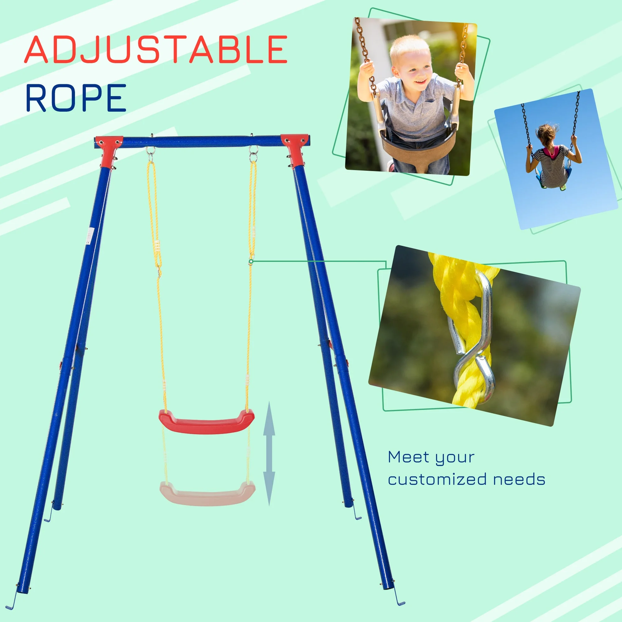 Outsunny Metal Swing Set With Adjustable Rope Heavy Duty A-Frame Stand Outdoor Playset - Image 4