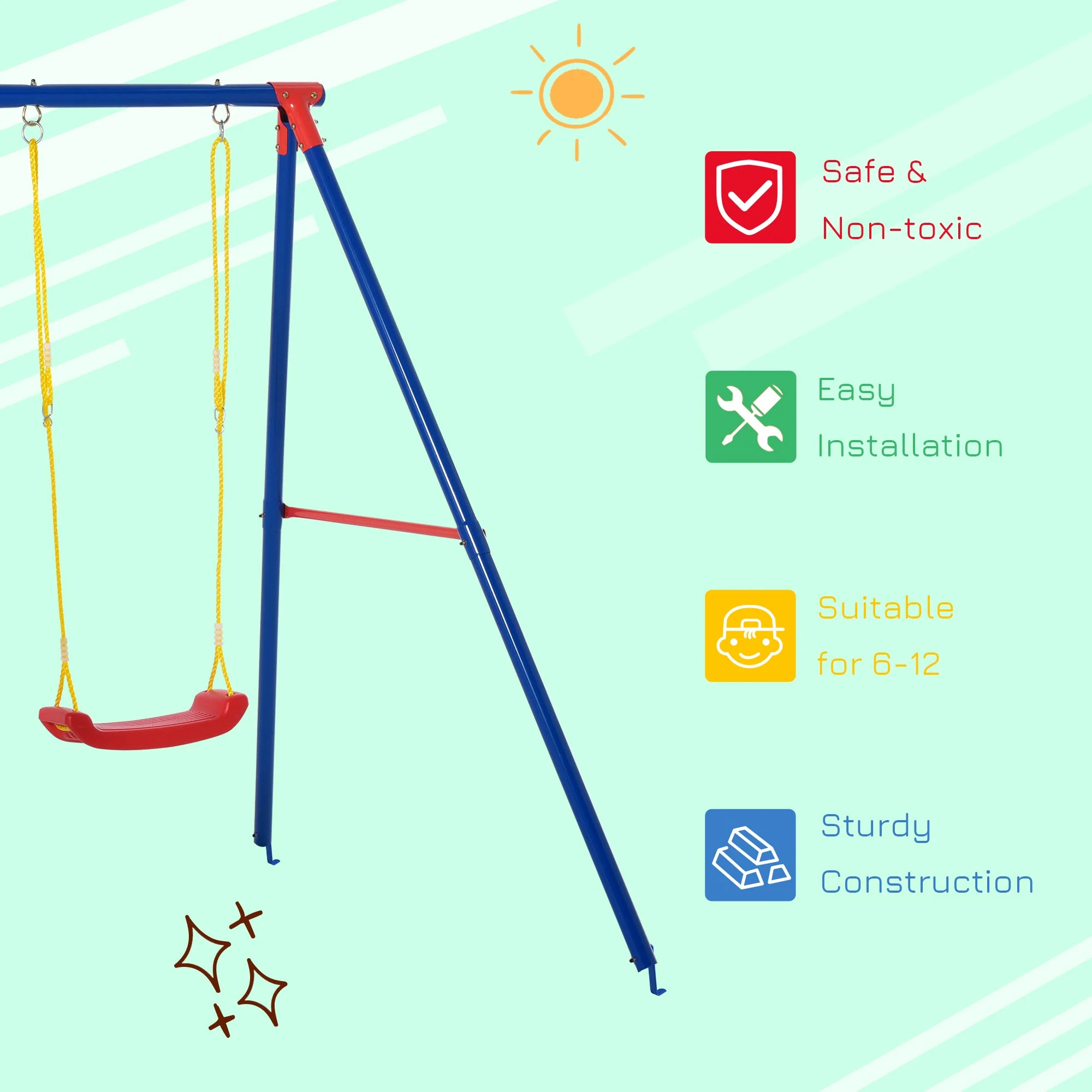 Outsunny Metal Swing Set With Adjustable Rope Heavy Duty A-Frame Stand Outdoor Playset - Image 5