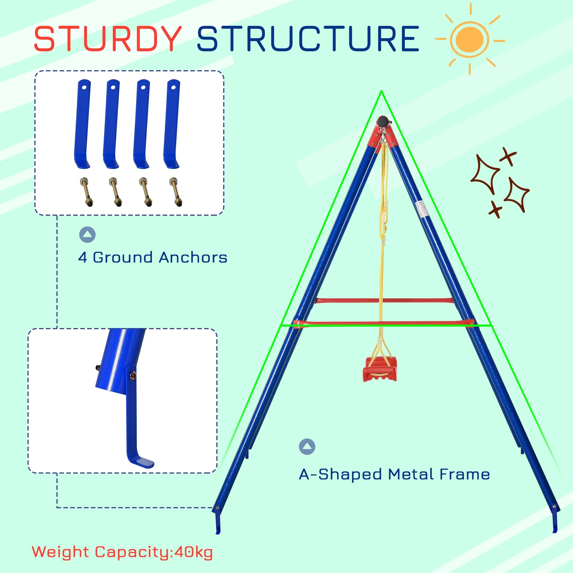 Outsunny Metal Swing Set With Adjustable Rope Heavy Duty A-Frame Stand Outdoor Playset - Image 6