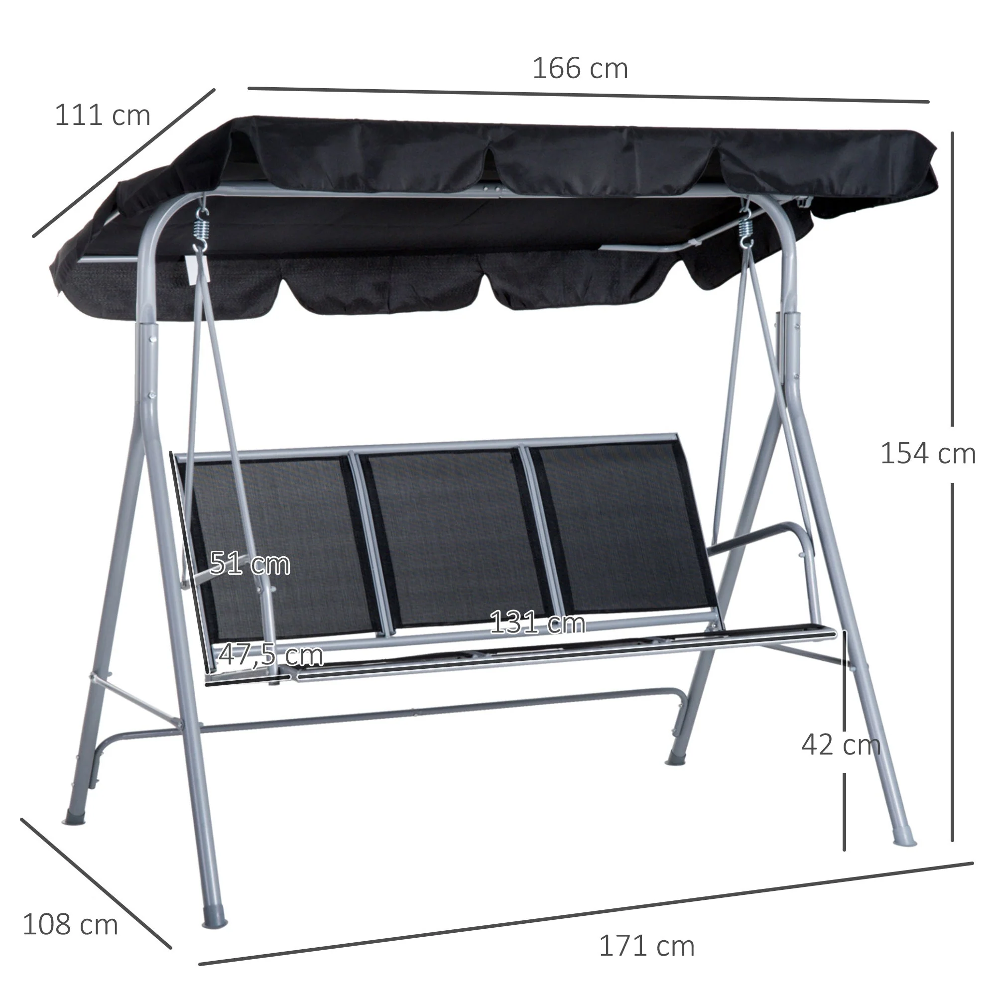 Outsunny Outdoor 3-Seater Swing Chair-Black - Image 3