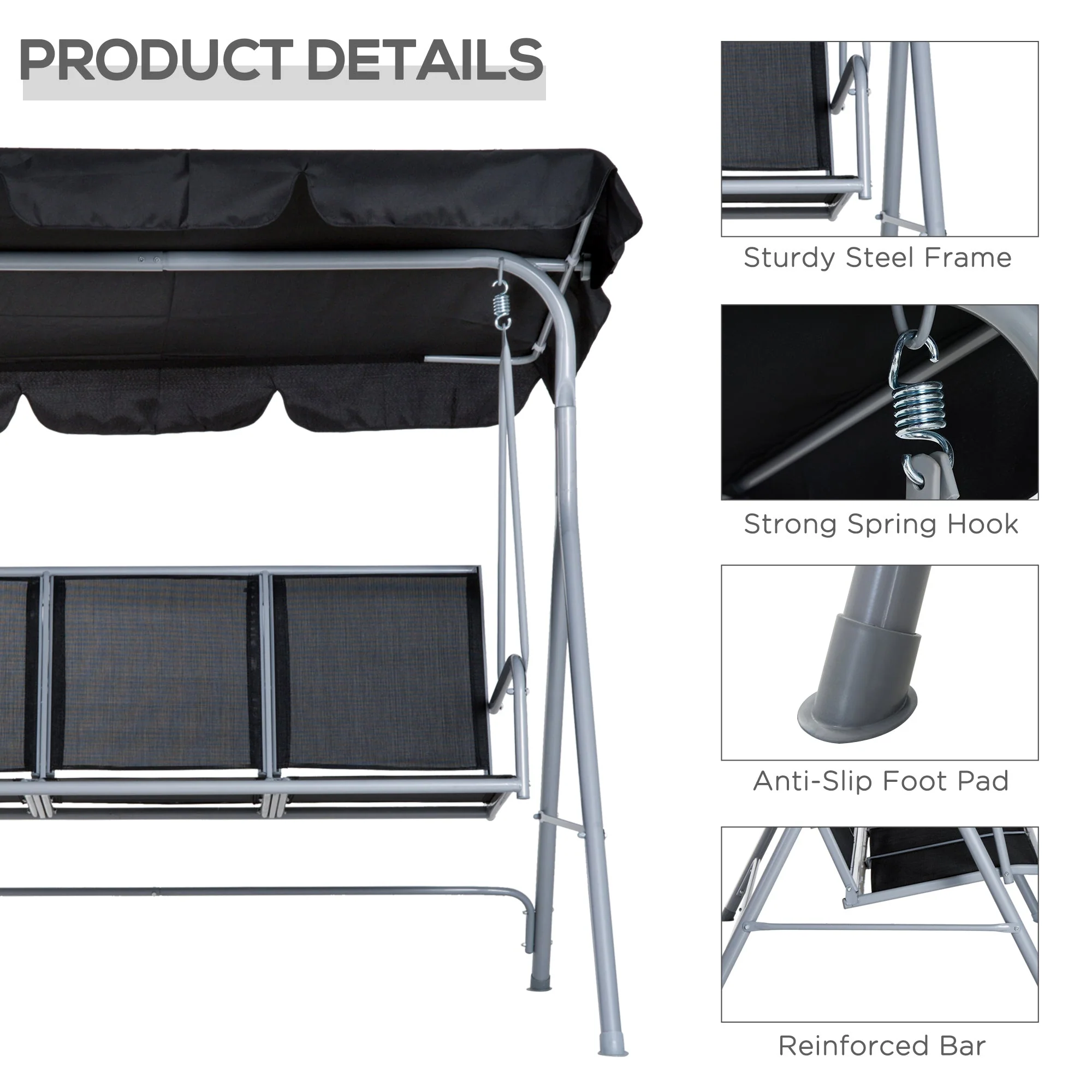 Outsunny Outdoor 3-Seater Swing Chair-Black - Image 6