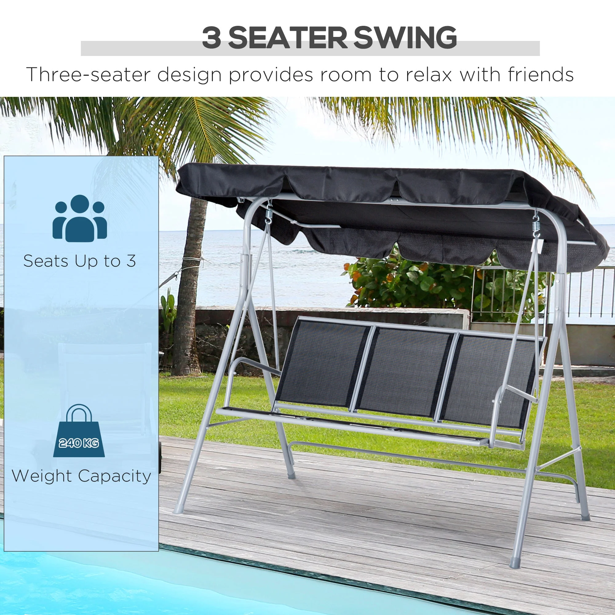 Outsunny Outdoor 3-Seater Swing Chair-Black - Image 7