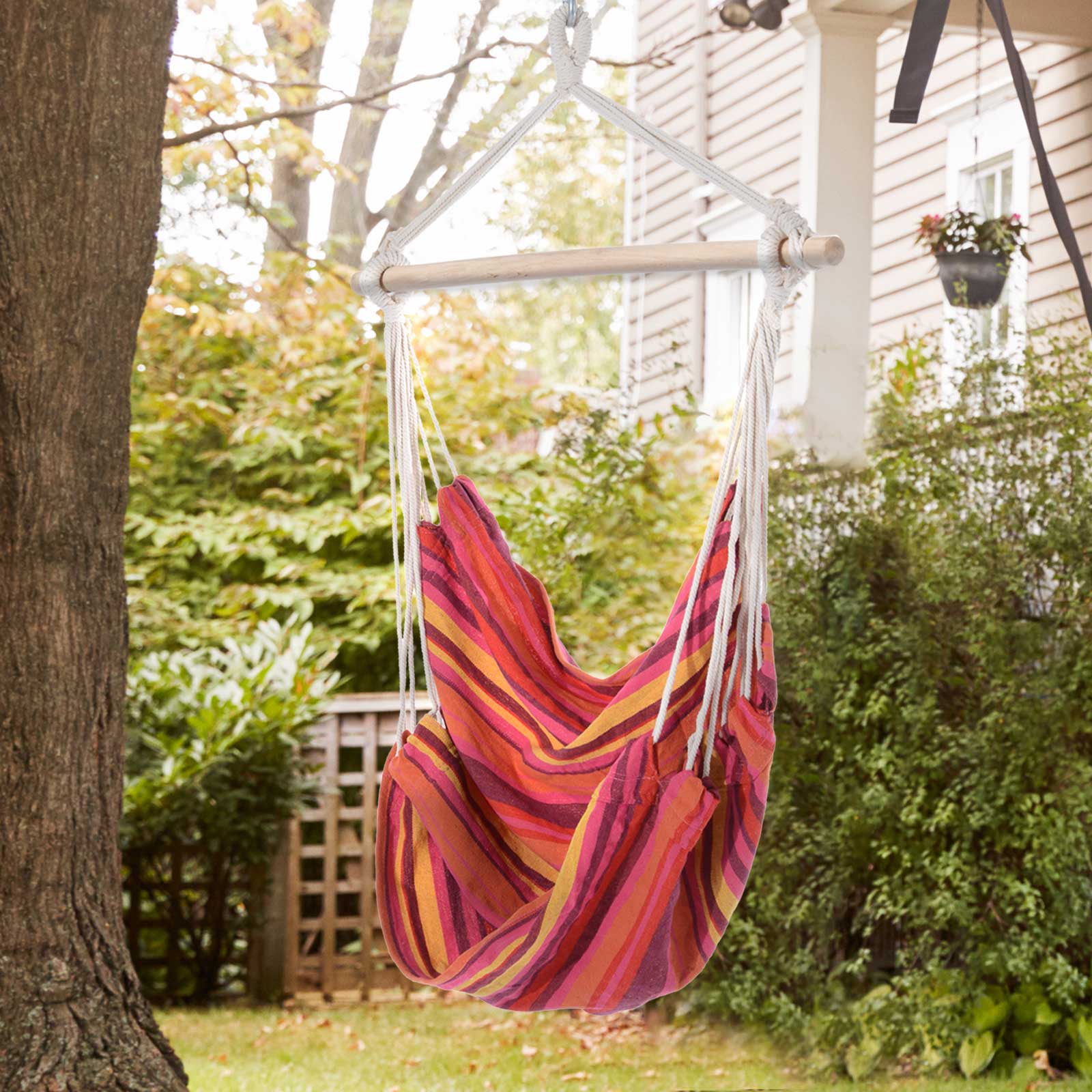 Outdoor Hammock Hanging Rope Chair Garden Yard Patio Swing Seat Wooden With High Quality Cotton Cloth And Ropes Red - Image 2