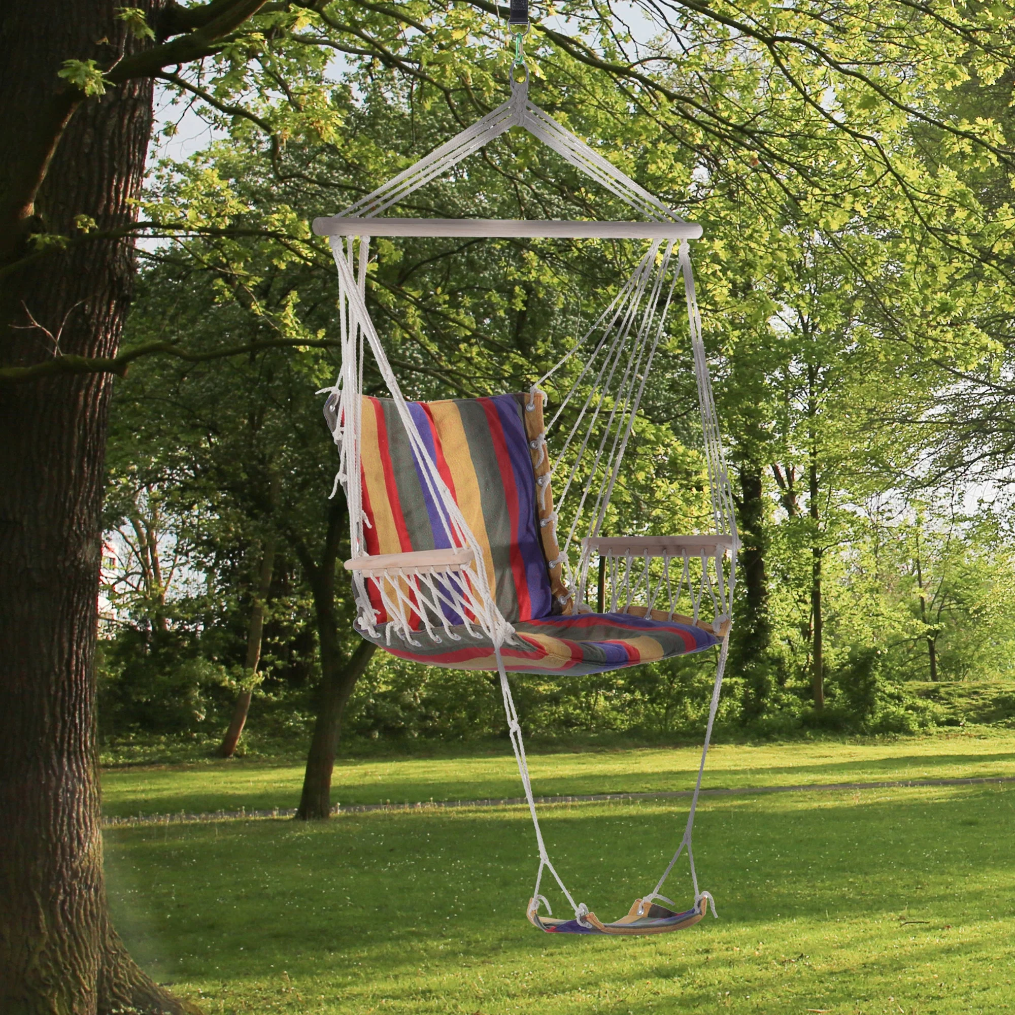 Outsunny Outdoor Hammock Hanging Rope Chair Garden Yard Patio Swing Seat Wooden With Footrest Armrest Cotton Cloth (Red) - Image 2