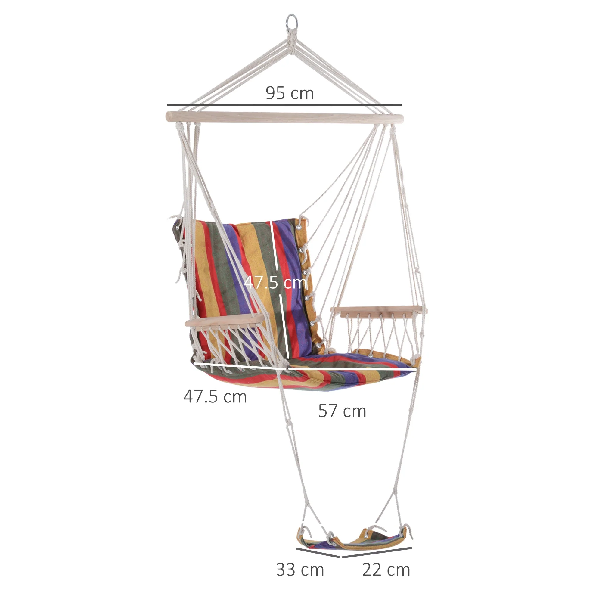 Outsunny Outdoor Hammock Hanging Rope Chair Garden Yard Patio Swing Seat Wooden With Footrest Armrest Cotton Cloth (Red) - Image 3
