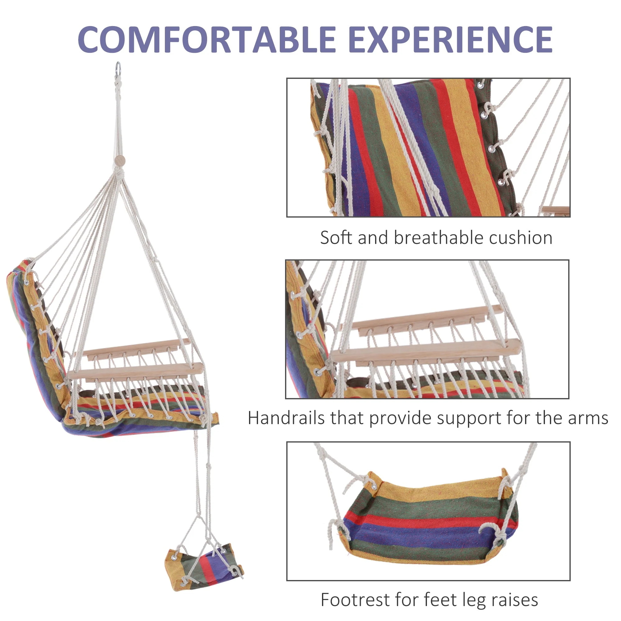 Outsunny Outdoor Hammock Hanging Rope Chair Garden Yard Patio Swing Seat Wooden With Footrest Armrest Cotton Cloth (Red) - Image 4