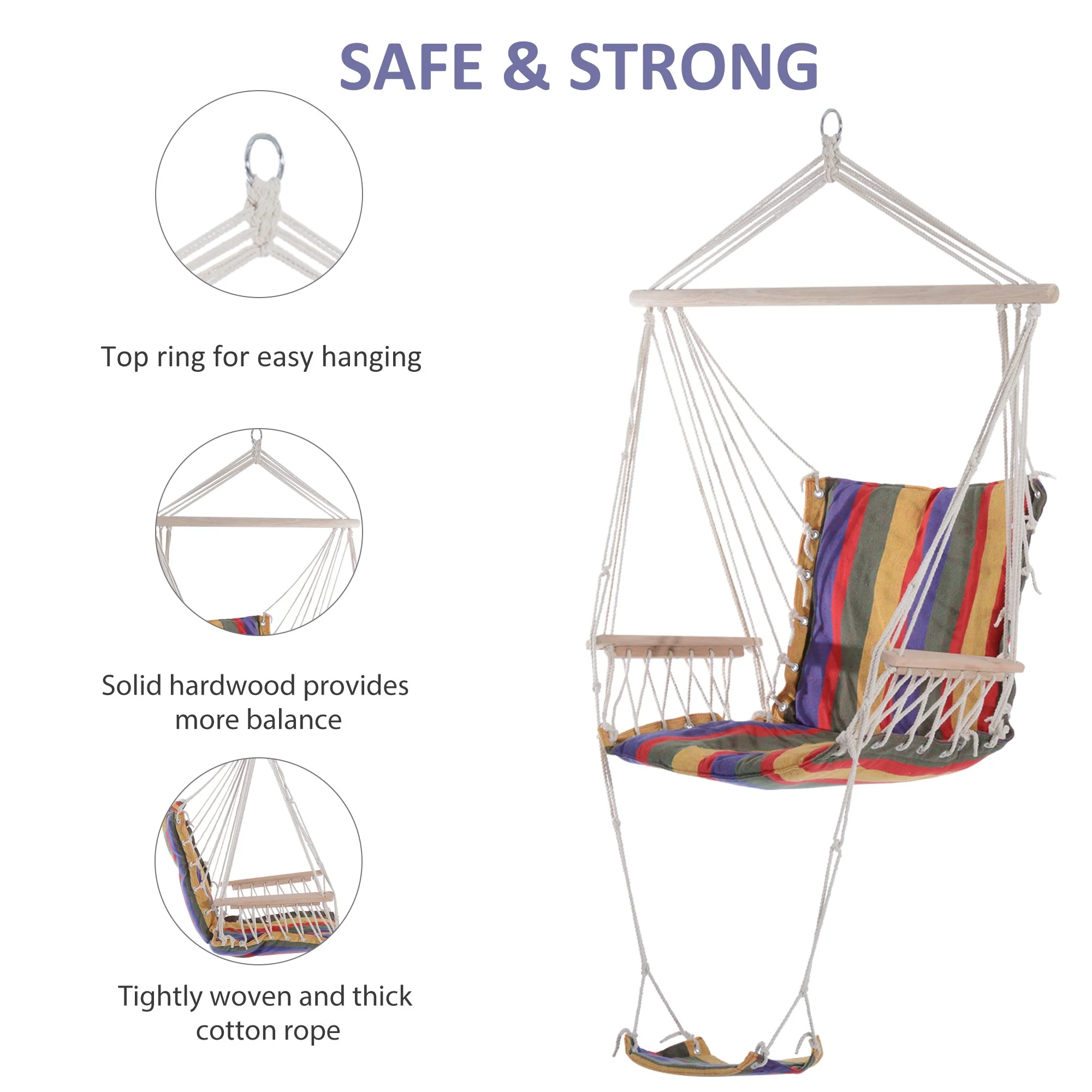 Outsunny Outdoor Hammock Hanging Rope Chair Garden Yard Patio Swing Seat Wooden With Footrest Armrest Cotton Cloth (Red) - Image 5