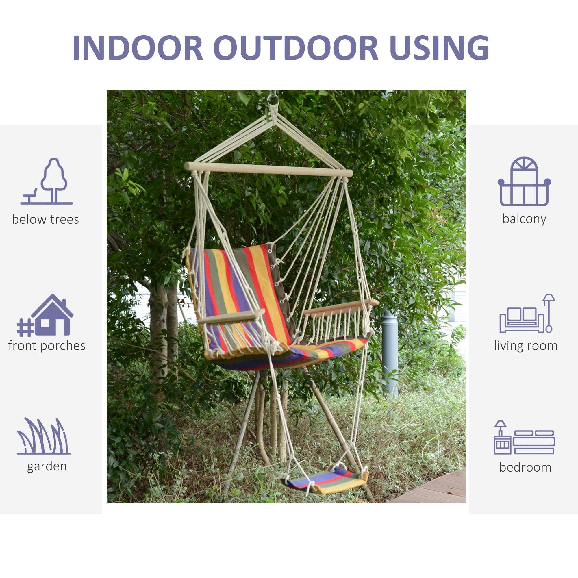 Outsunny Outdoor Hammock Hanging Rope Chair Garden Yard Patio Swing Seat Wooden With Footrest Armrest Cotton Cloth (Red) - Image 6