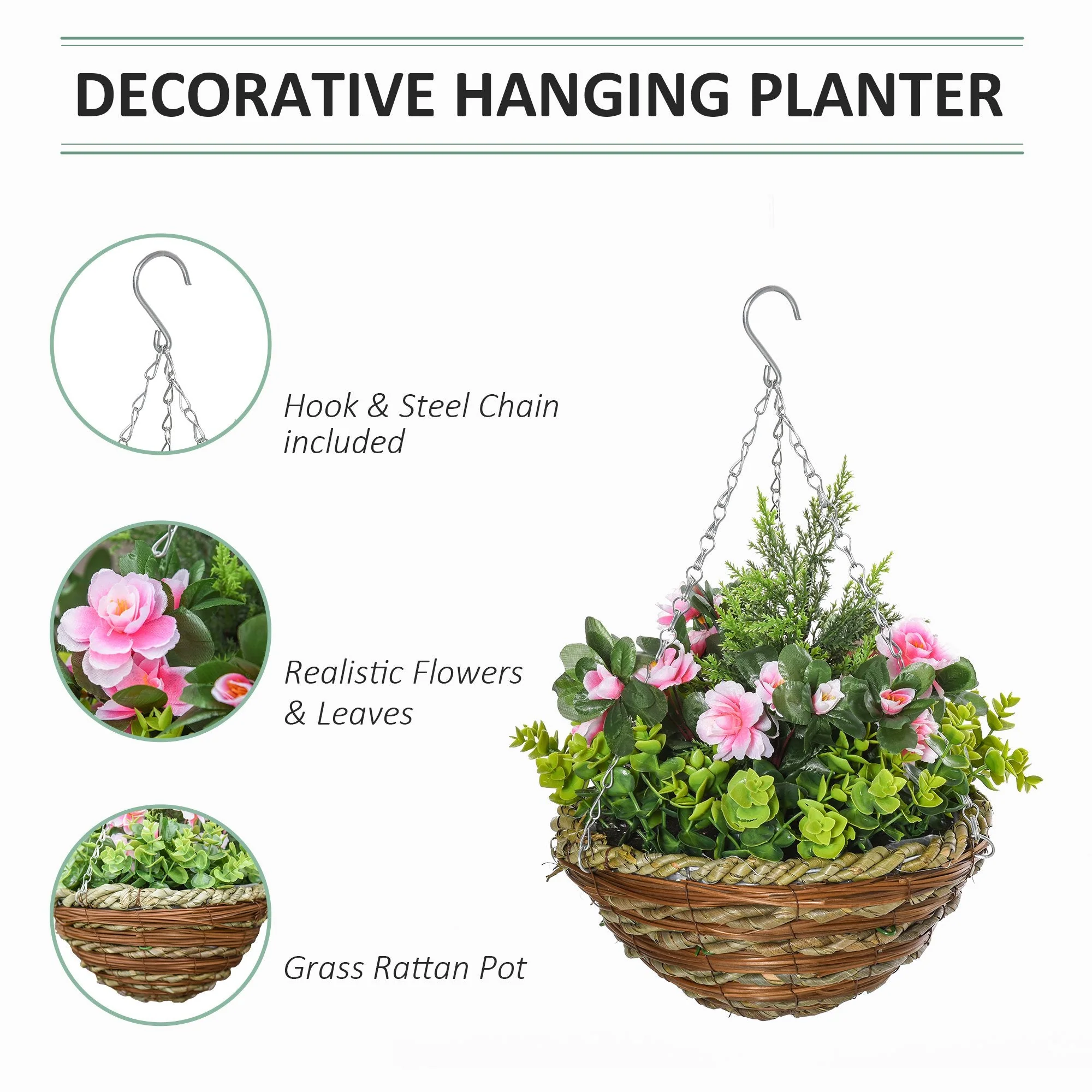 Outsunny Pack Of 2 Artificial Lisianthus Flowers Hanging Planter With Basket For Indoor Outdoor Decoration - Image 3