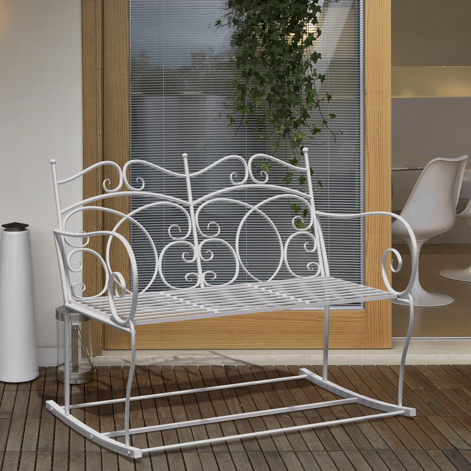 Patio 2 Seater Rocking Bench Steel Garden Outdoor Garden Loveseat Chair With Decorative Backrest White - Image 2