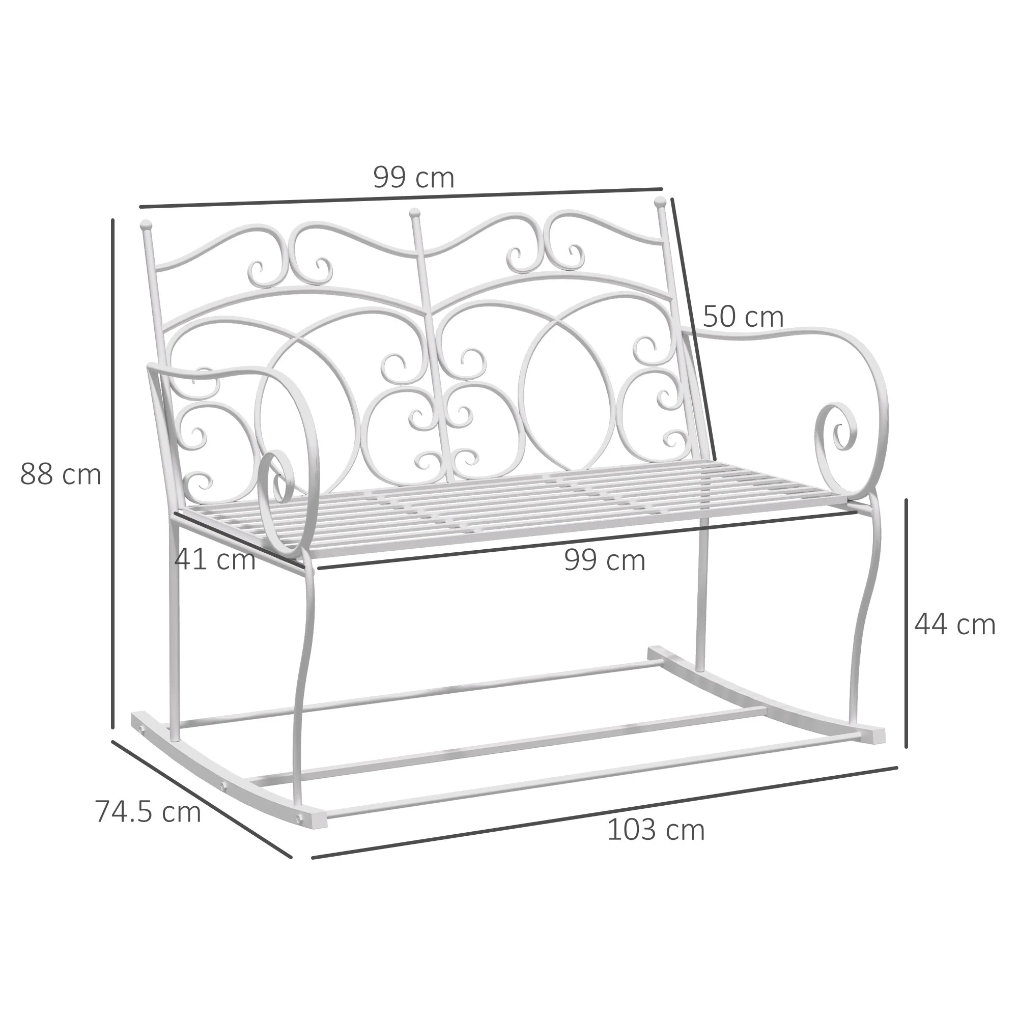 Patio 2 Seater Rocking Bench Steel Garden Outdoor Garden Loveseat Chair With Decorative Backrest White - Image 3