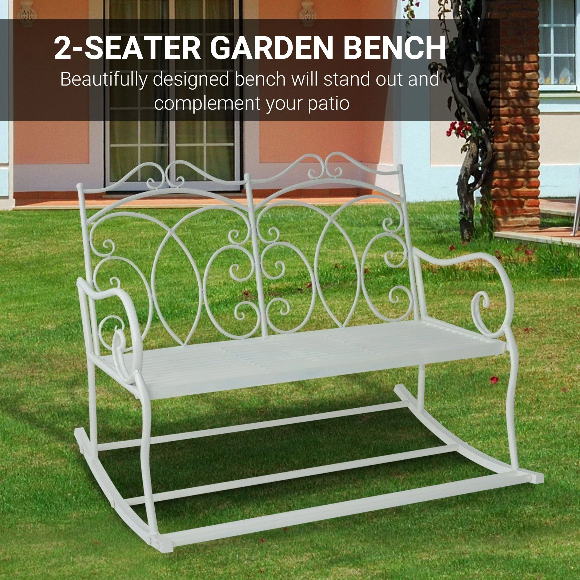 Patio 2 Seater Rocking Bench Steel Garden Outdoor Garden Loveseat Chair With Decorative Backrest White - Image 5