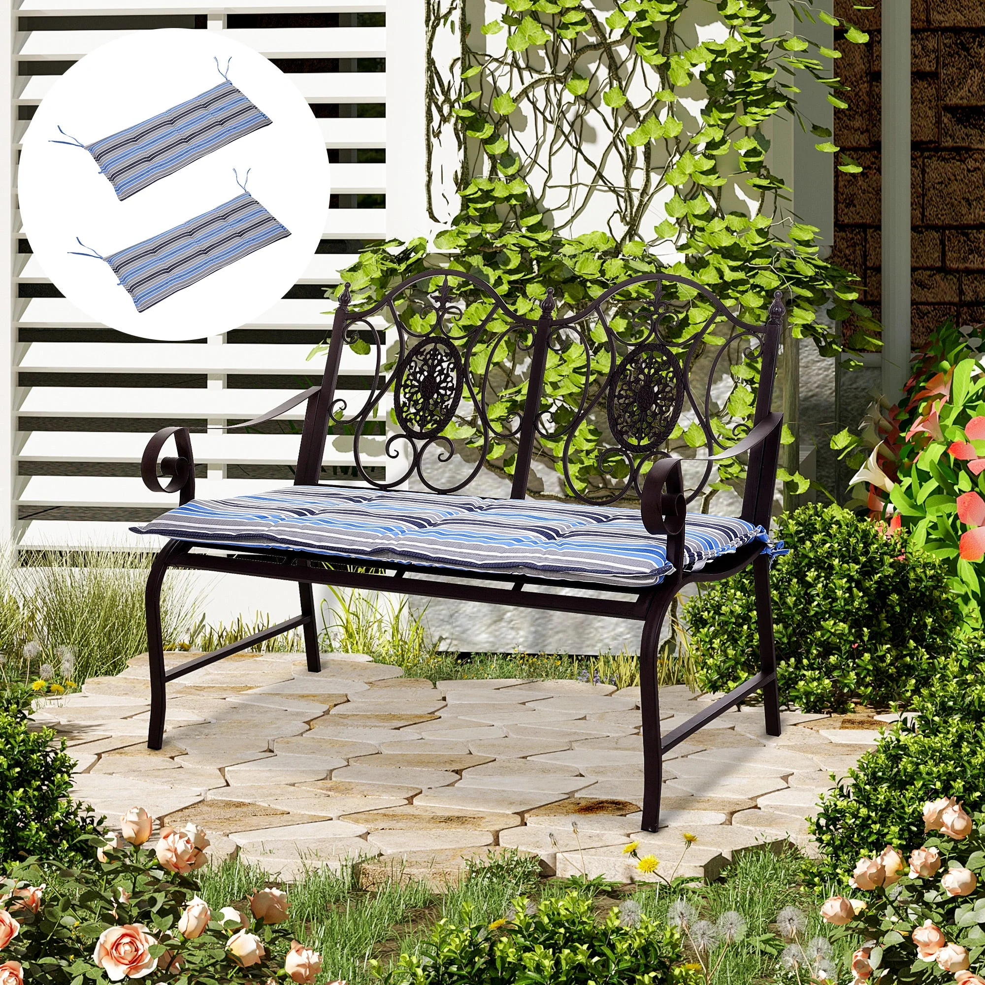 Outsunny Polyester Set Of 2 Swing Chair Cushion Blue Stripes - Image 2