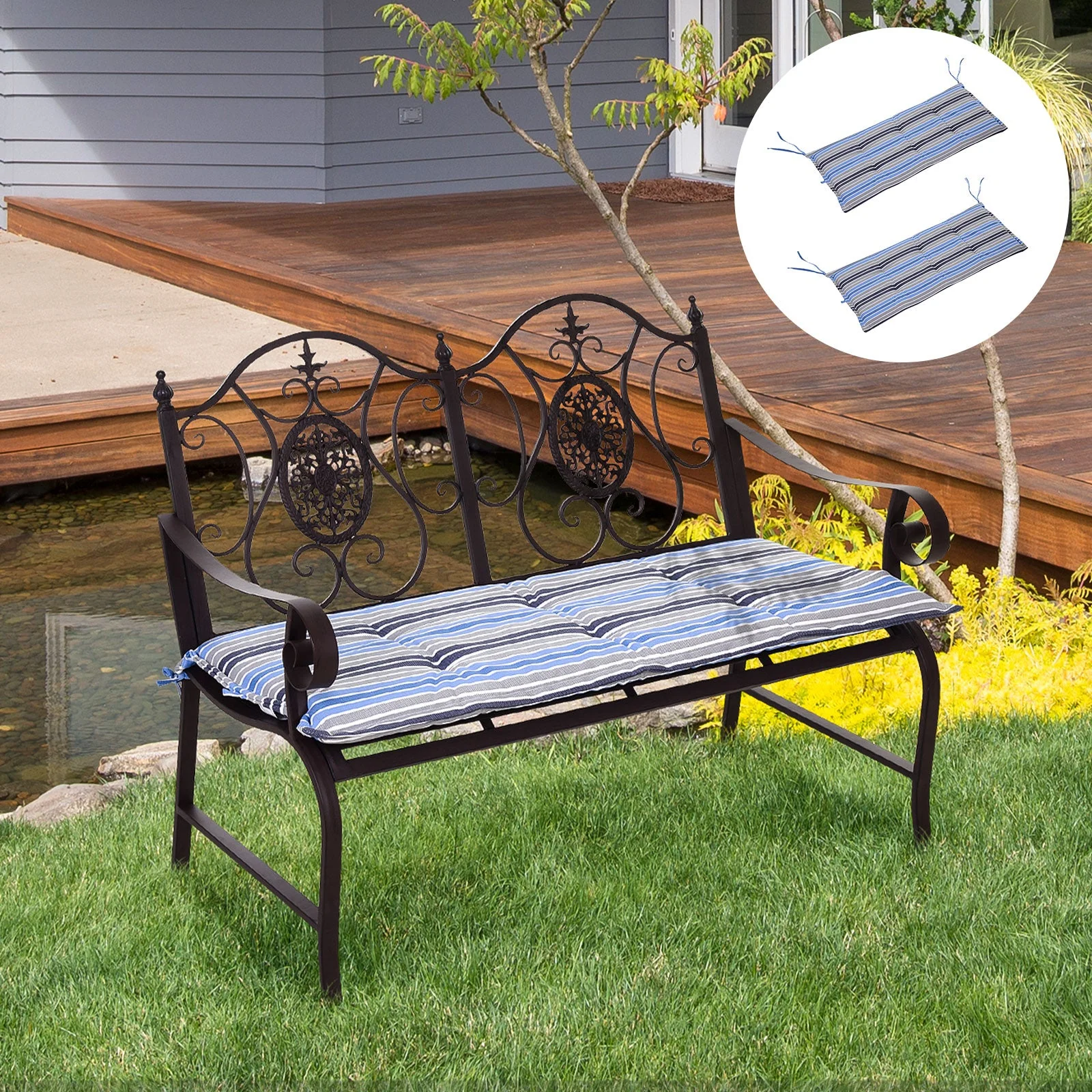 Outsunny Polyester Set Of 2 Swing Chair Cushion Blue Stripes - Image 9