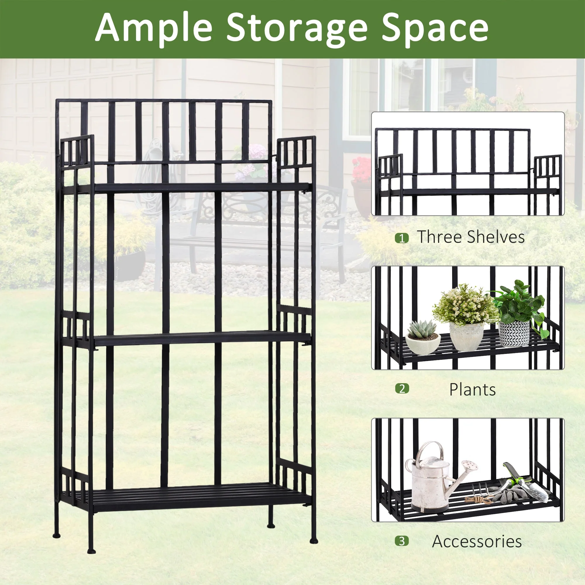 Outsunny Portable 3-Tier Plant Stand 61Lx29.5Wx120H cm Metal-Black - Image 4