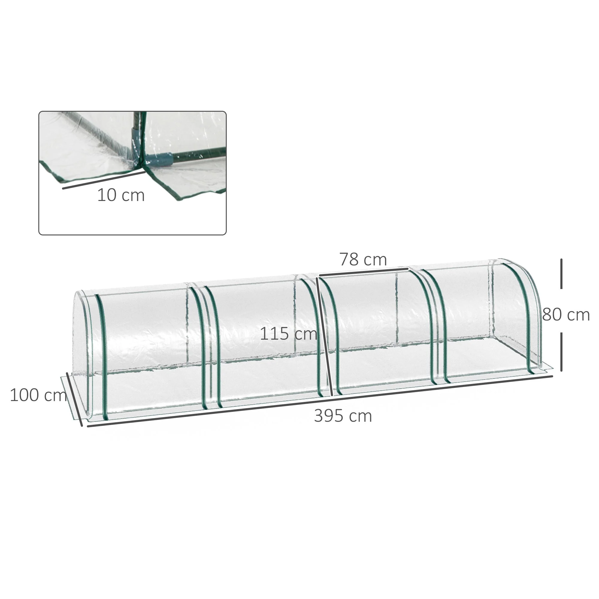 Outsunny Pvc Tunnel Greenhouse Green Grow House Steel Frame For Garden Backyard With Zipper Doors 395X100X80 cm Clear - Image 3