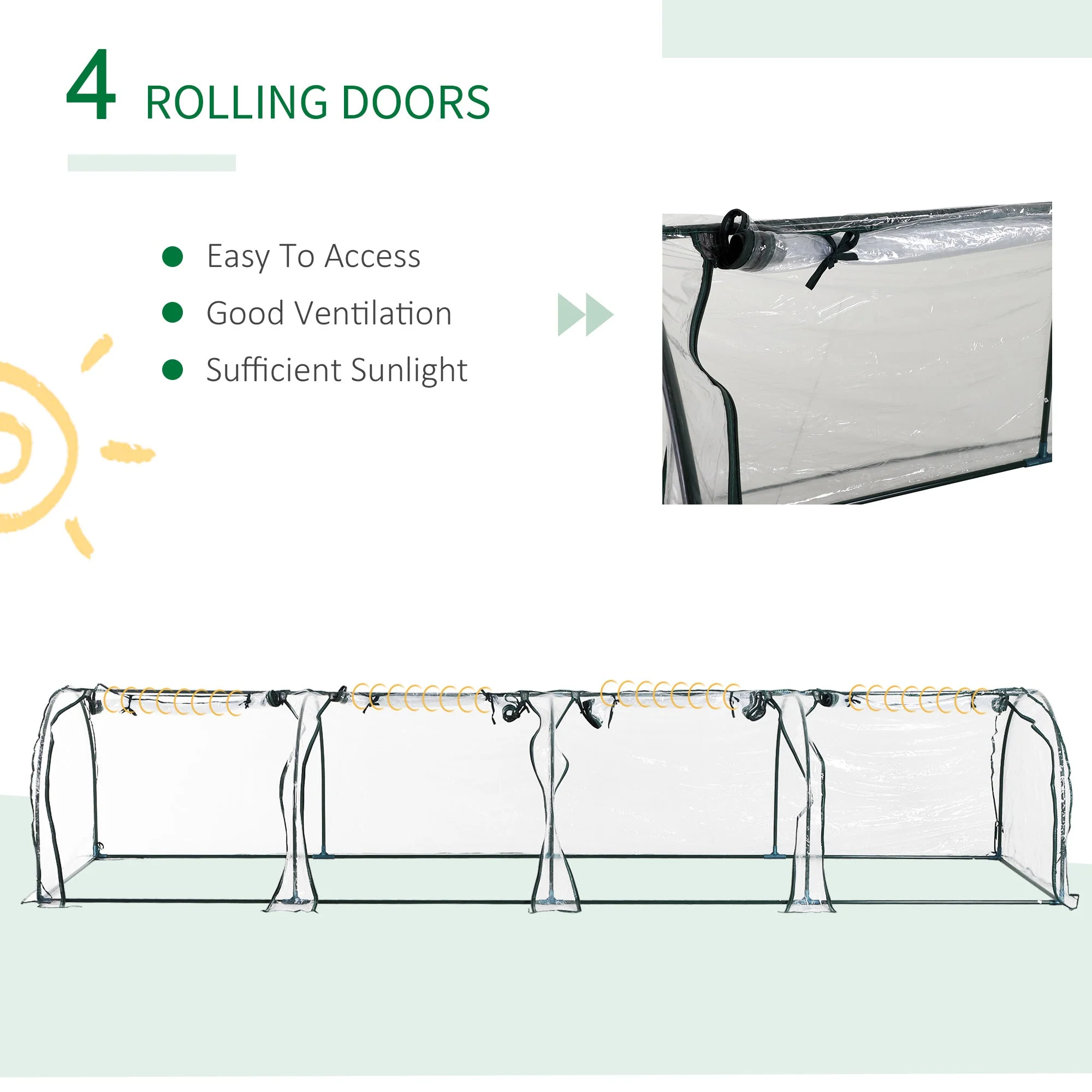 Outsunny Pvc Tunnel Greenhouse Green Grow House Steel Frame For Garden Backyard With Zipper Doors 395X100X80 cm Clear - Image 4