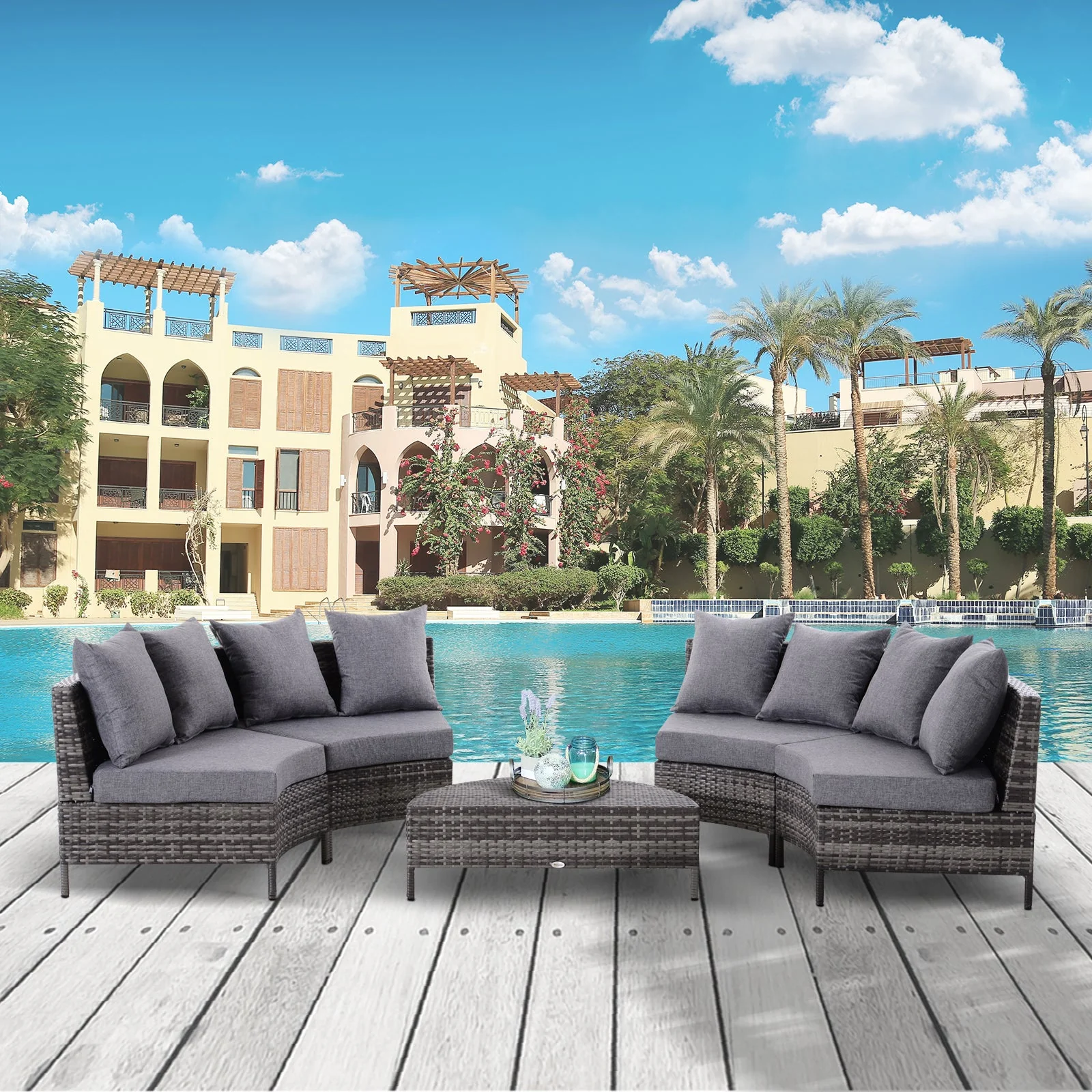 Rattan Garden Furniture 4 Seaters Half-Round Patio Outdoor Sofa & Table Set Wicker Weave Conservatory Cushioned Seat With Pillow - Grey - Image 2