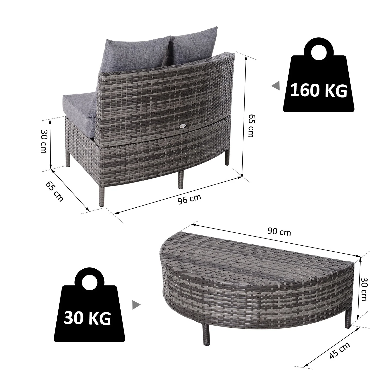 Rattan Garden Furniture 4 Seaters Half-Round Patio Outdoor Sofa & Table Set Wicker Weave Conservatory Cushioned Seat With Pillow - Grey - Image 3