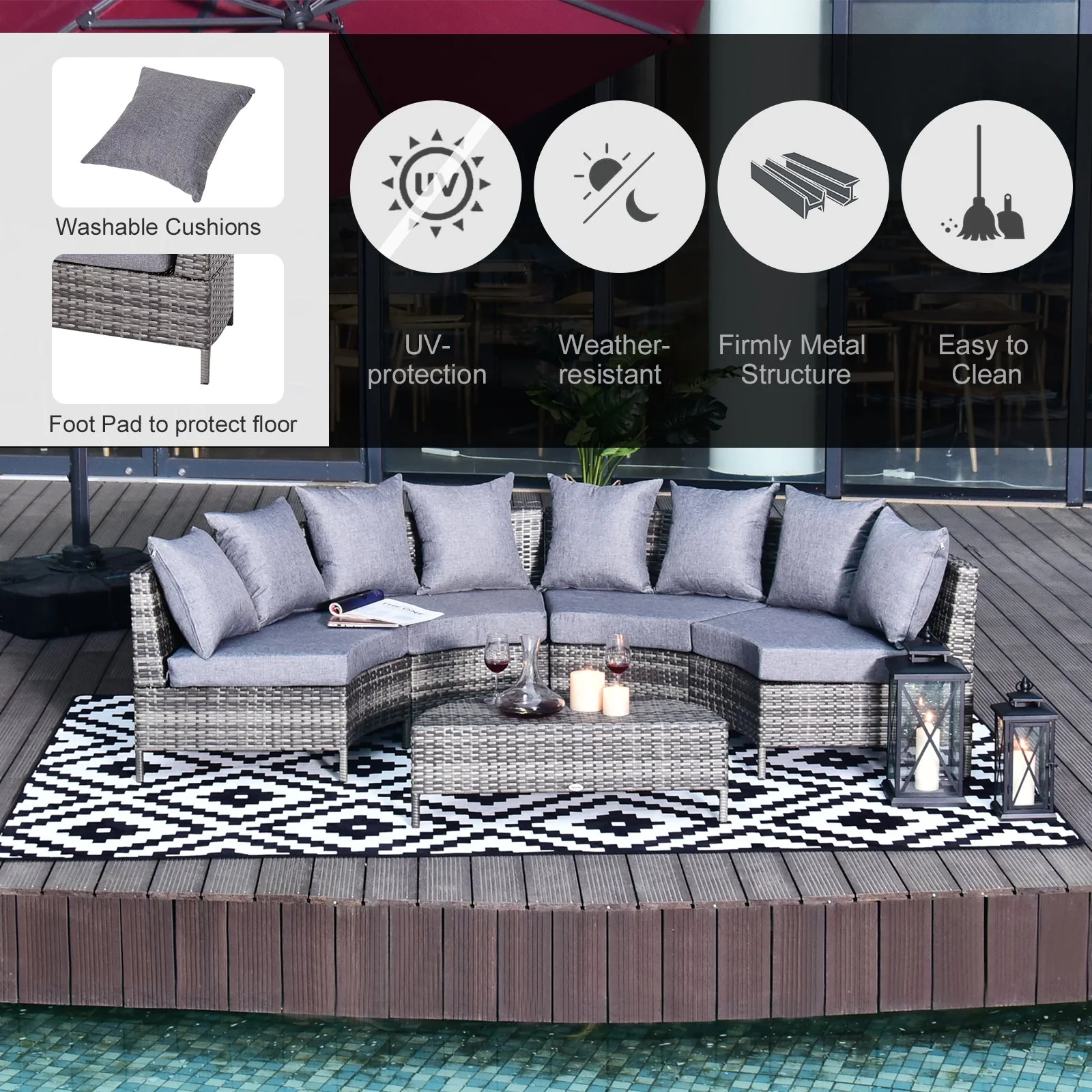 Rattan Garden Furniture 4 Seaters Half-Round Patio Outdoor Sofa & Table Set Wicker Weave Conservatory Cushioned Seat With Pillow - Grey - Image 4