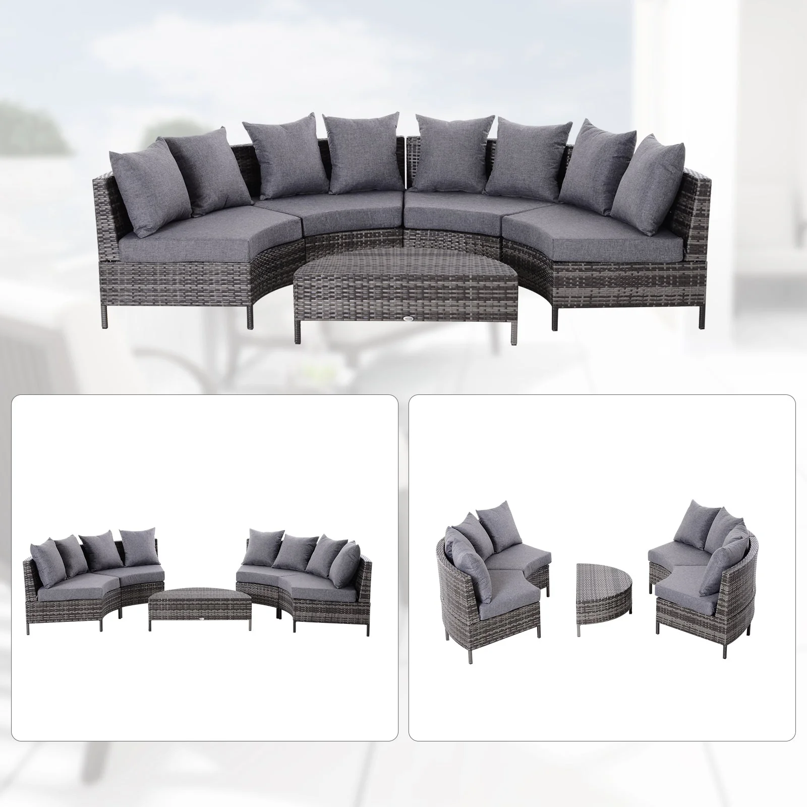 Rattan Garden Furniture 4 Seaters Half-Round Patio Outdoor Sofa & Table Set Wicker Weave Conservatory Cushioned Seat With Pillow - Grey - Image 5