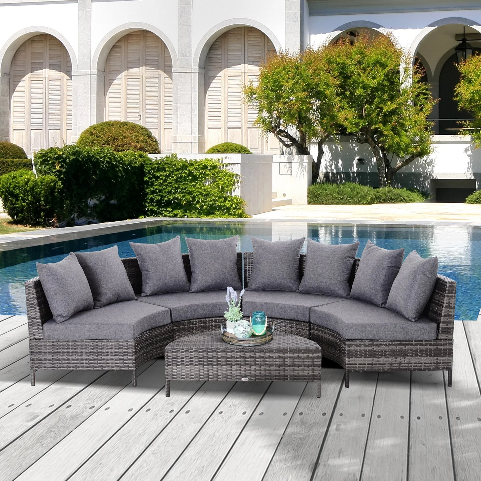 Rattan Garden Furniture 4 Seaters Half-Round Patio Outdoor Sofa & Table Set Wicker Weave Conservatory Cushioned Seat With Pillow - Grey - Image 9