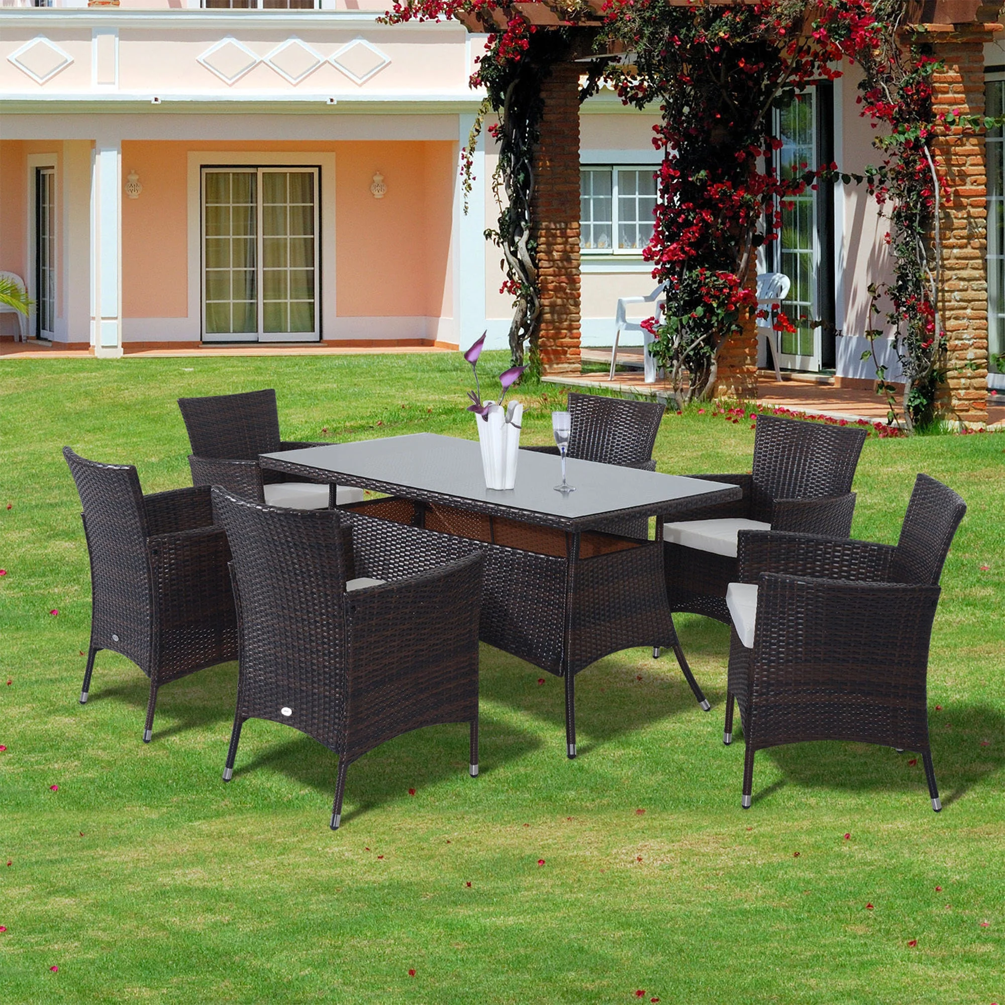 Outsunny Rattan Garden Furniture Dining Set 6-Seater Patio Rectangular Table Cube Chairs Outdoor Fire Retardant Sponge Brown - Image 2