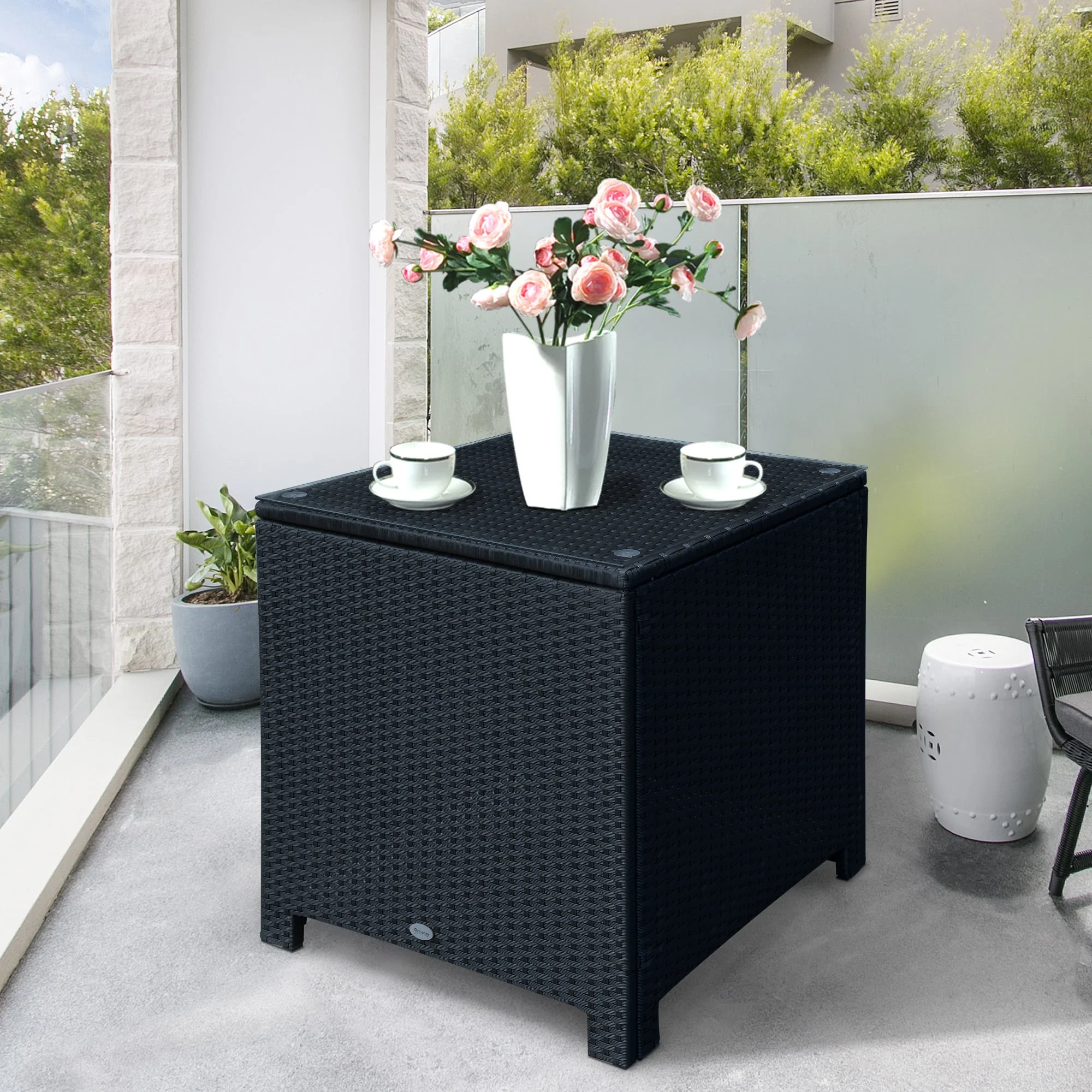 Rattan Garden Furniture Side Table Patio Frame Tempered Glass New -Black - Image 2