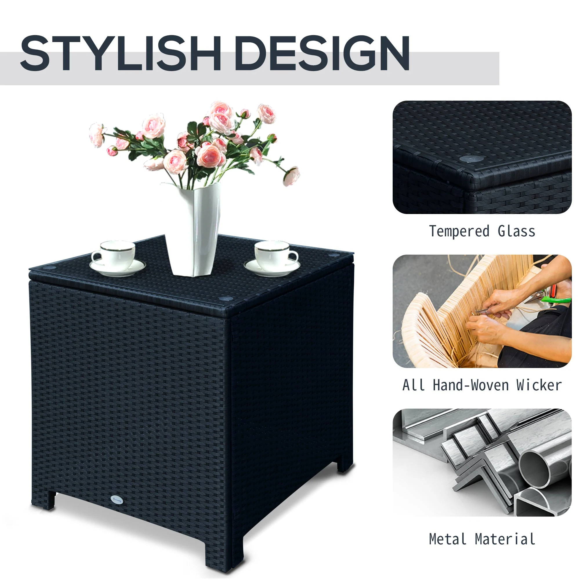 Rattan Garden Furniture Side Table Patio Frame Tempered Glass New -Black - Image 4