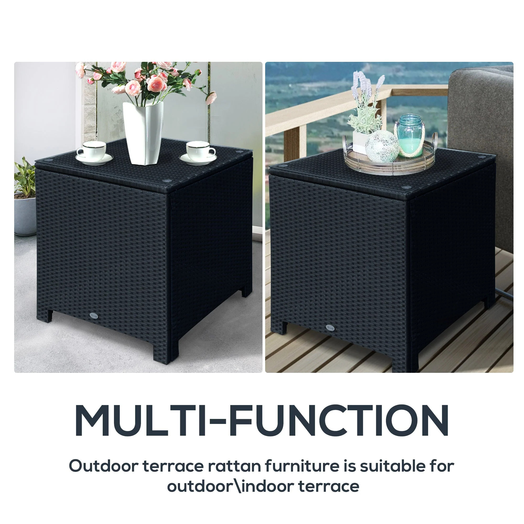 Rattan Garden Furniture Side Table Patio Frame Tempered Glass New -Black - Image 6