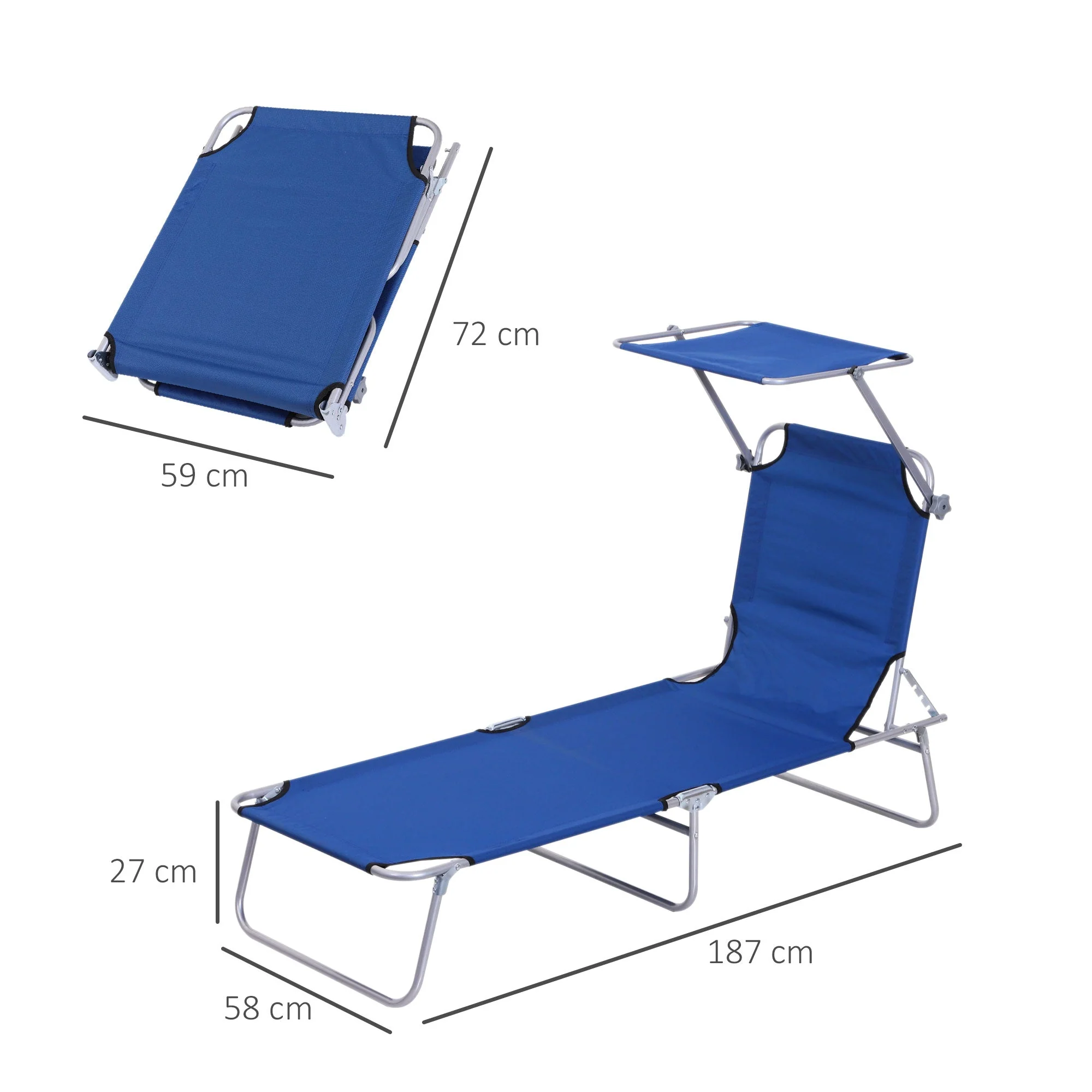 Outsunny Reclining Chair Folding Lounger Seat Sun Lounger with Sun Shade Awning Beach Garden Outdoor Patio Recliner Adjustable - Image 3