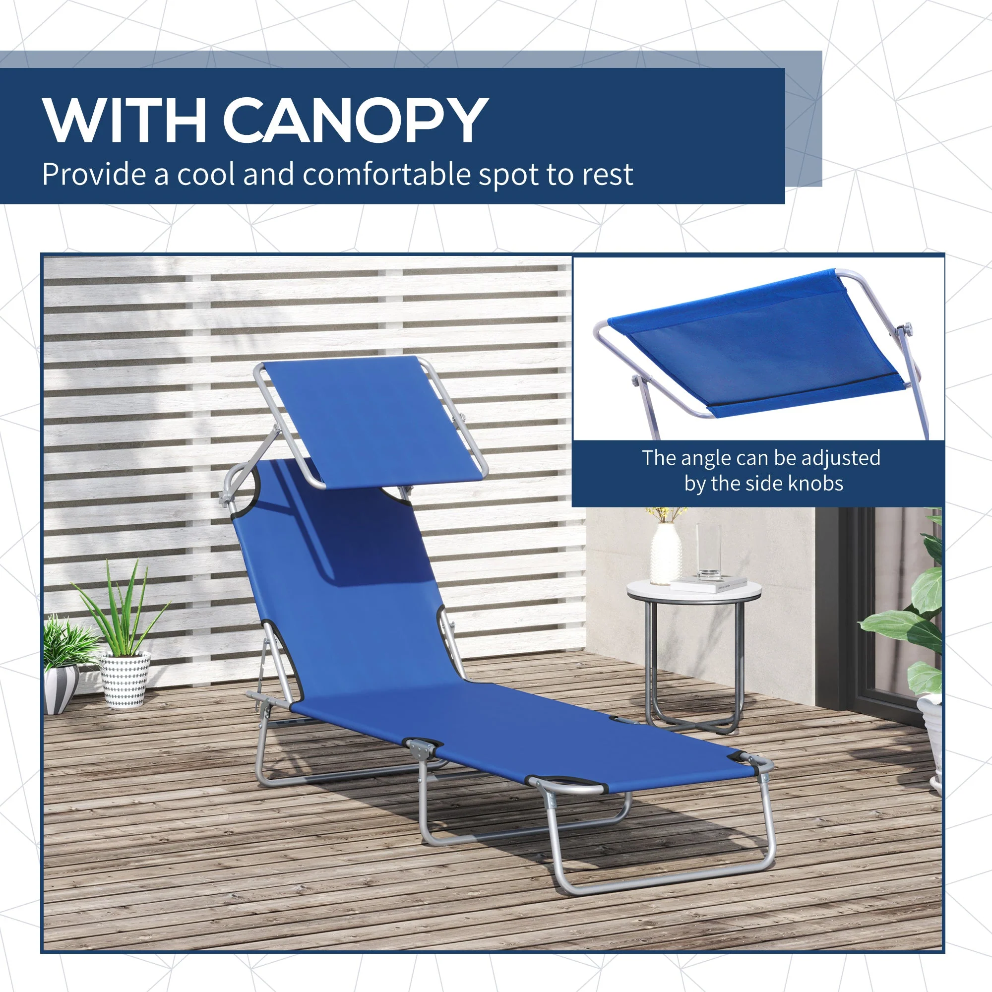 Outsunny Reclining Chair Folding Lounger Seat Sun Lounger with Sun Shade Awning Beach Garden Outdoor Patio Recliner Adjustable - Image 6