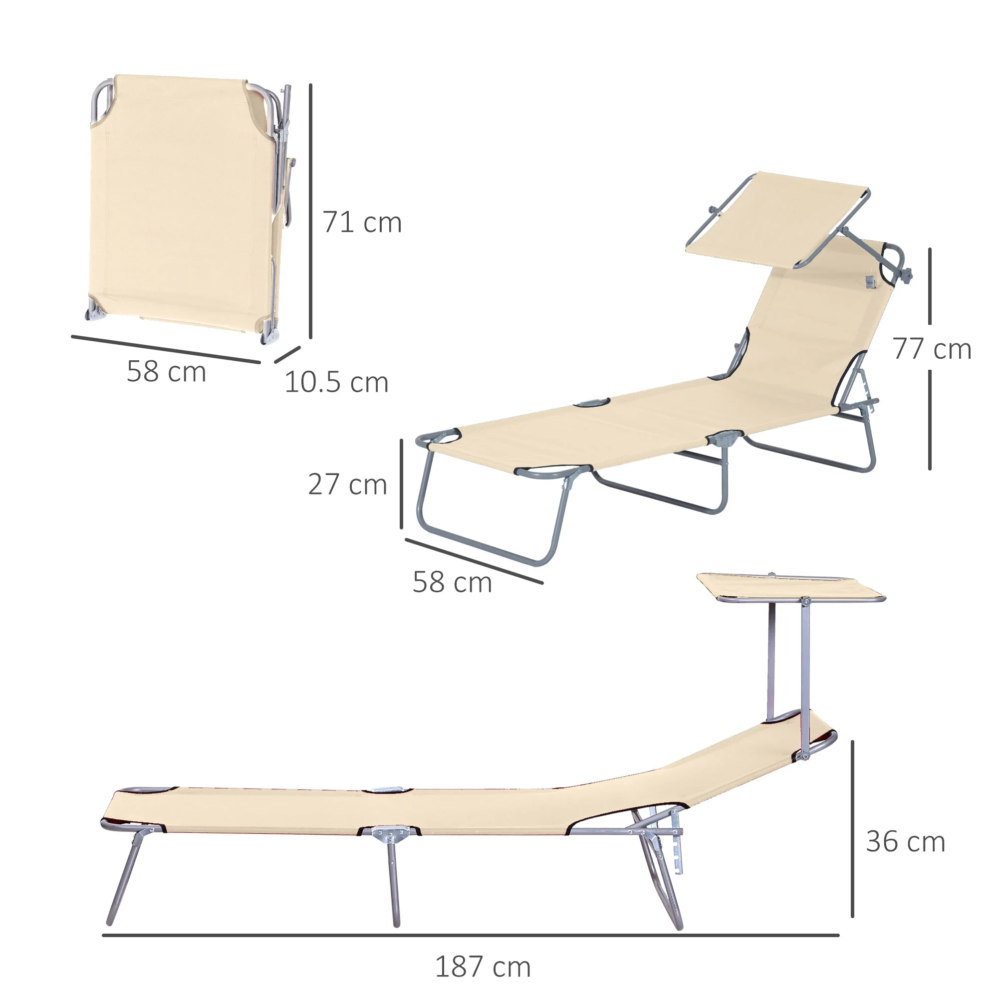 Outsunny Reclining Chair Folding Lounger Seat Sun Lounger with Sun Shade Awning Beach Garden Outdoor Patio Recliner Adjustable - Image 2