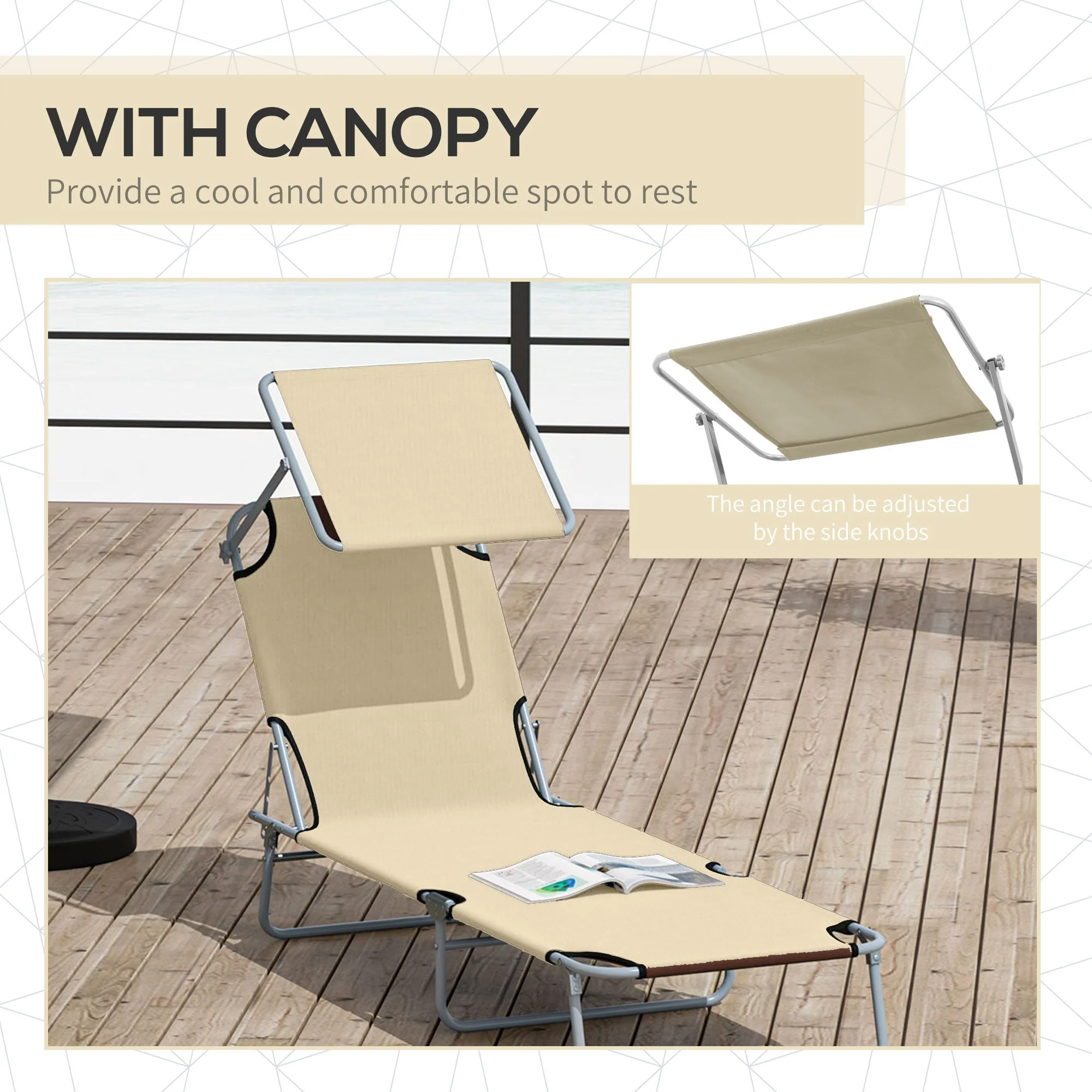 Outsunny Reclining Chair Folding Lounger Seat Sun Lounger with Sun Shade Awning Beach Garden Outdoor Patio Recliner Adjustable - Image 5