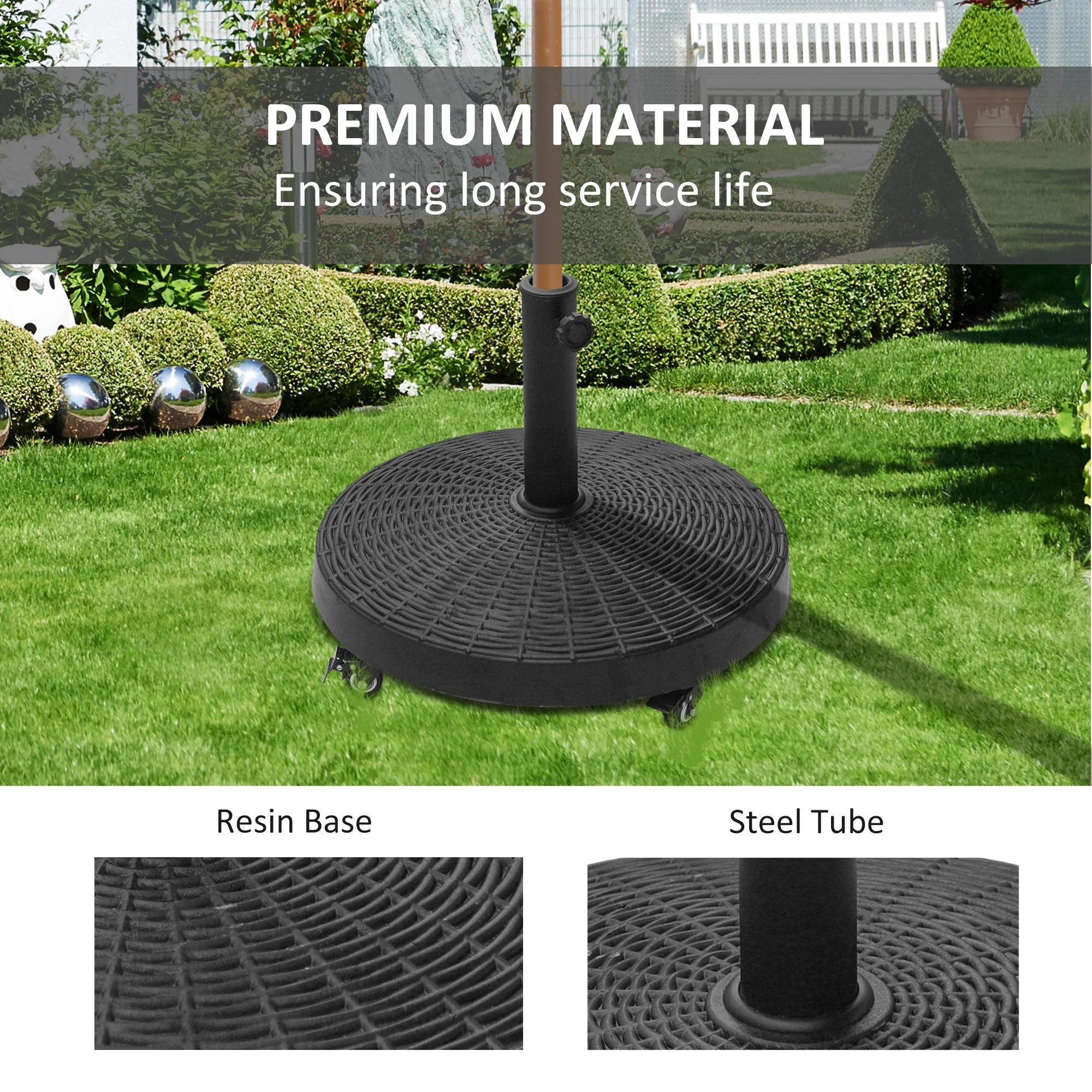 Outsunny Resin Patio Umbrella Base on Wheels Parasol Stand W/Wheels-Black - Image 6