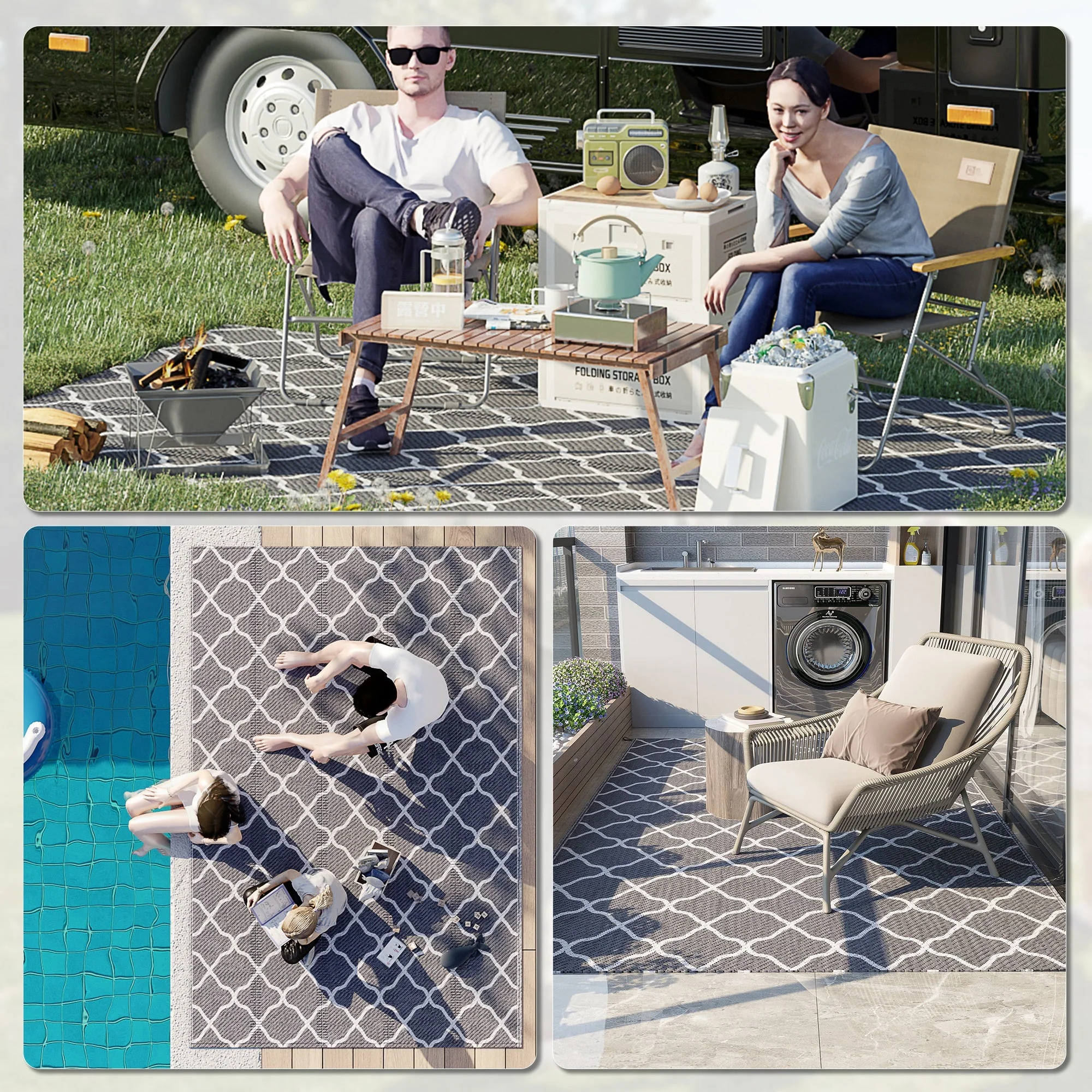 Outsunny Reversible Outdoor Rug with Carry Bag and Ground Stakes - Image 4