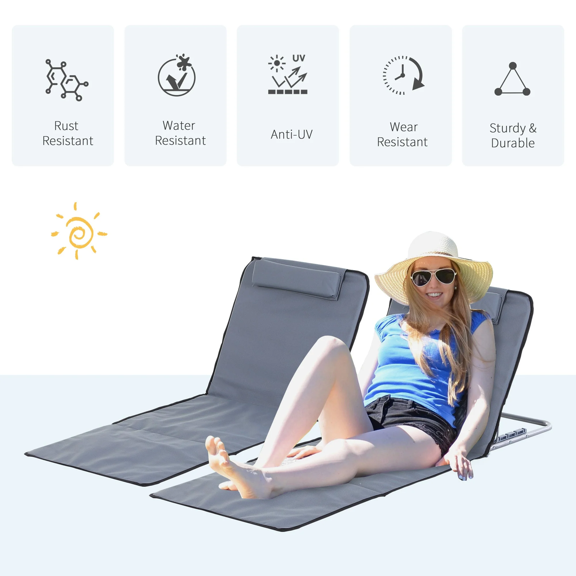 Outsunny Set of 2 Foldable Garden Beach Chair Mat Lightweight Outdoor Sun Lounger Seats Adjustable Back Metal Frame PE Fabric Head Pillow w/ Carry Bag - Image 3