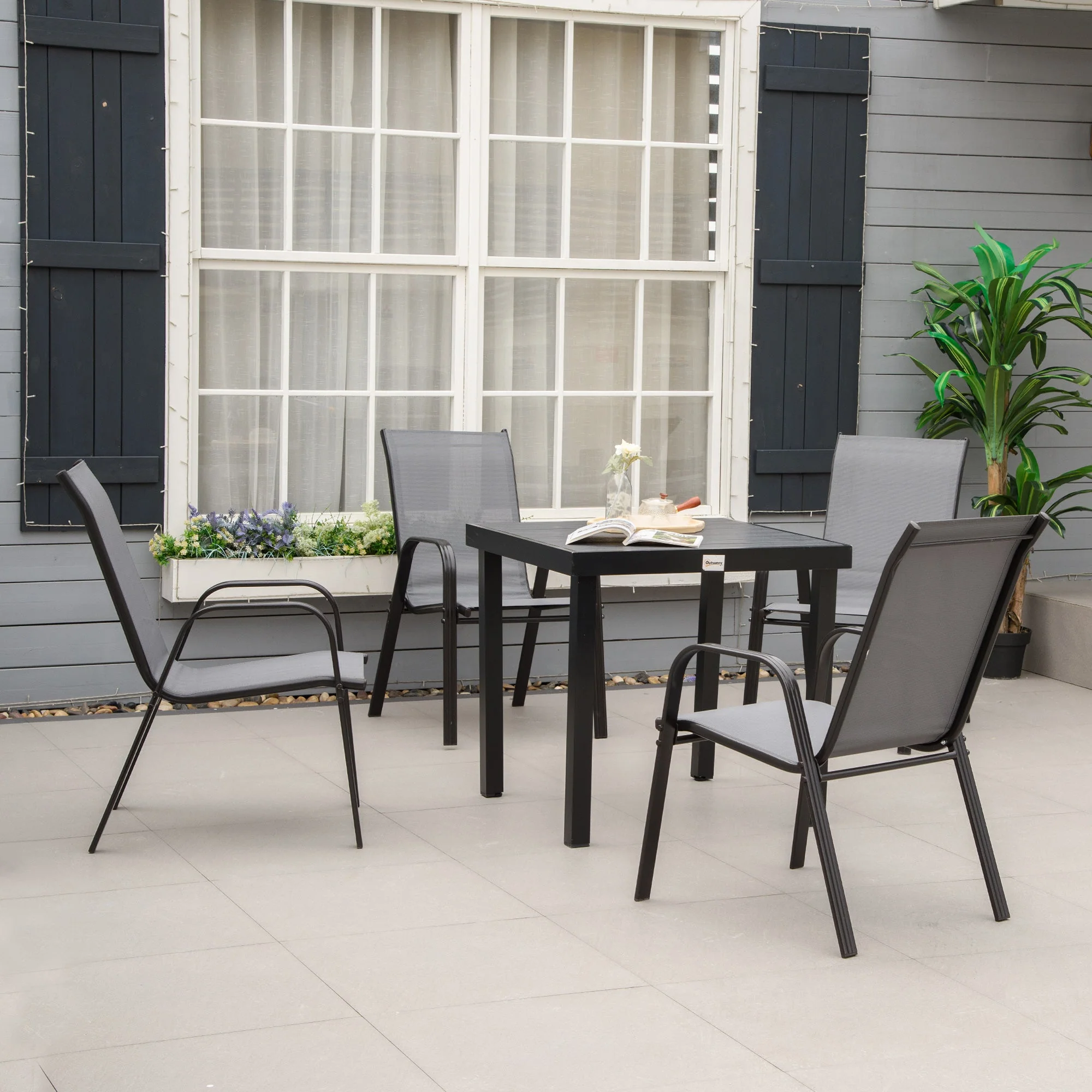 Outsunny Set of 4 Garden Dining Chair Set Stackable Outdoor Patio Furniture Set with Backrest and Armrest - Image 2