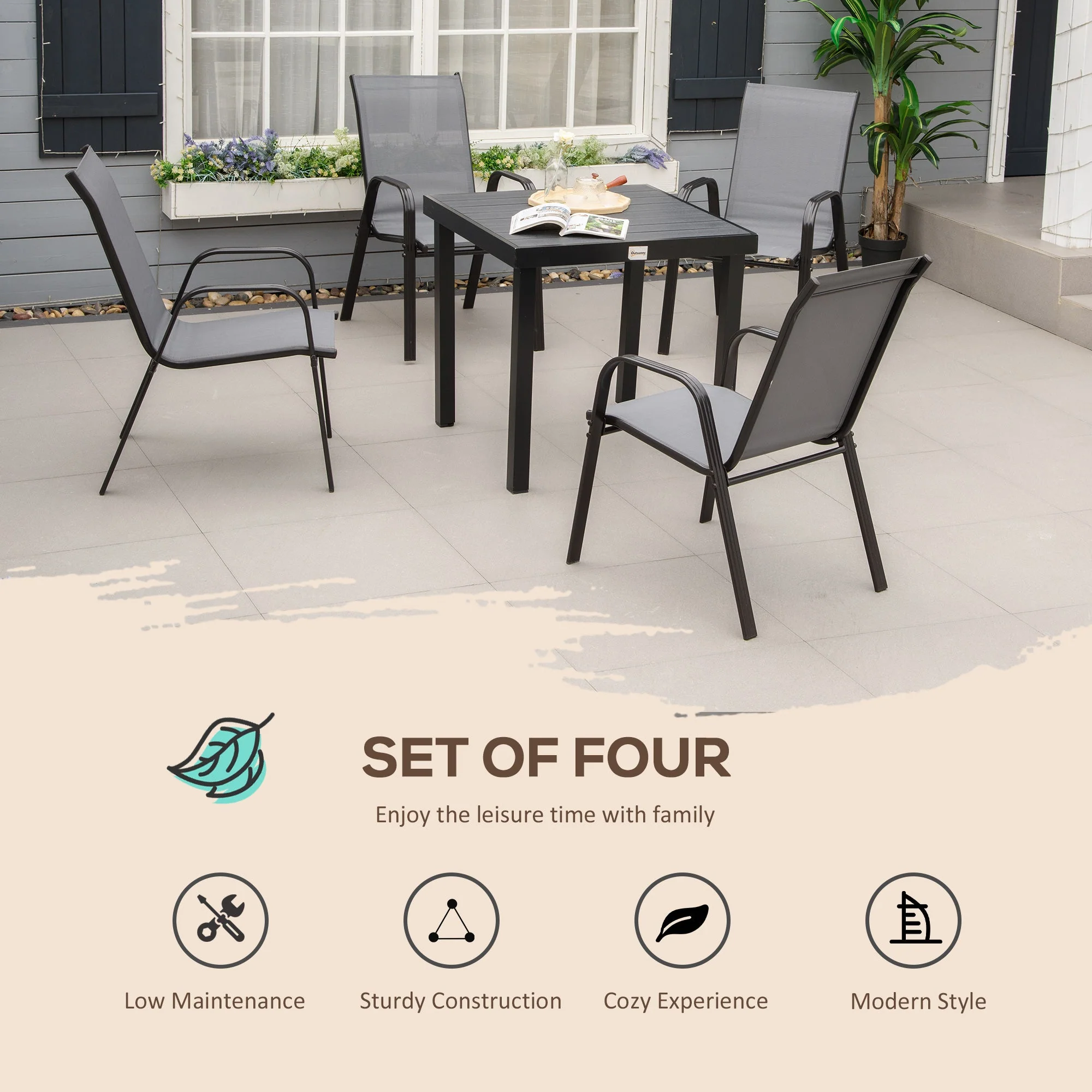 Outsunny Set of 4 Garden Dining Chair Set Stackable Outdoor Patio Furniture Set with Backrest and Armrest - Image 4