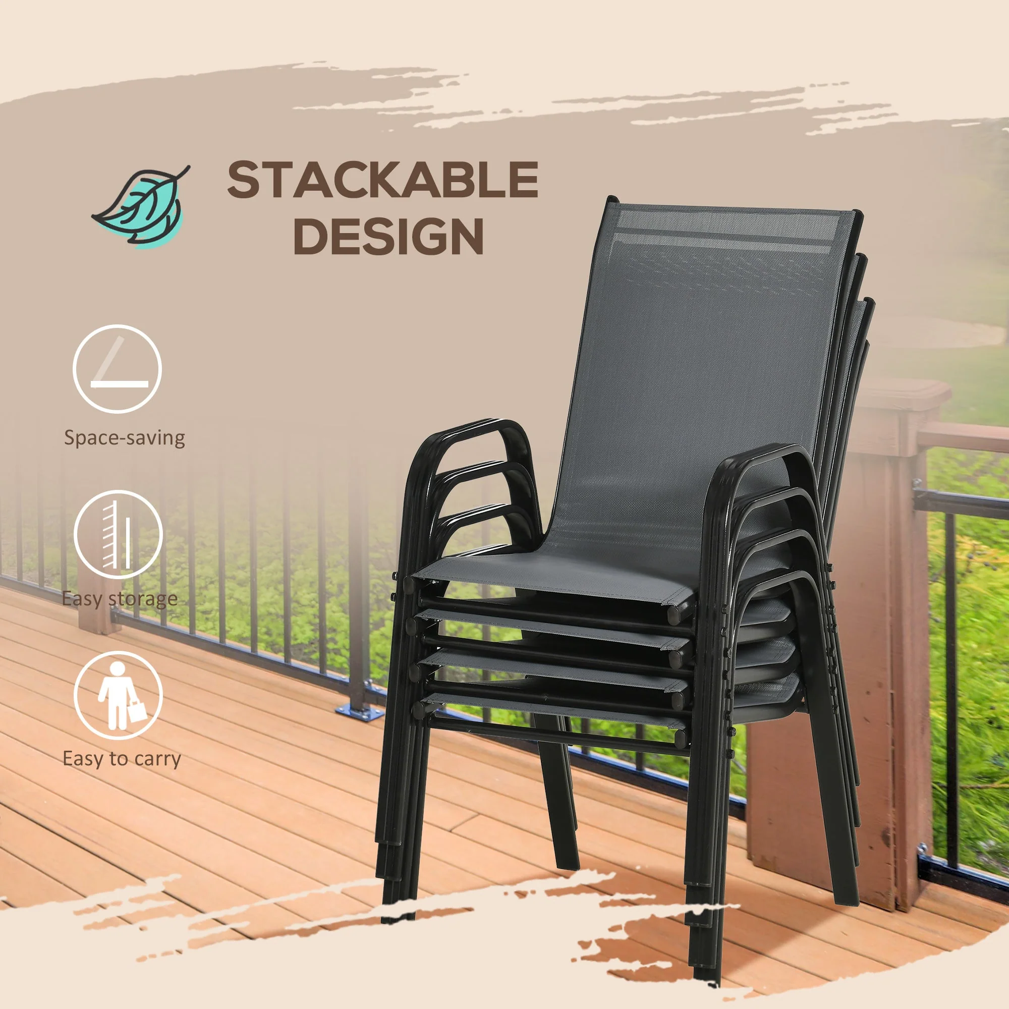 Outsunny Set of 4 Garden Dining Chair Set Stackable Outdoor Patio Furniture Set with Backrest and Armrest - Image 5