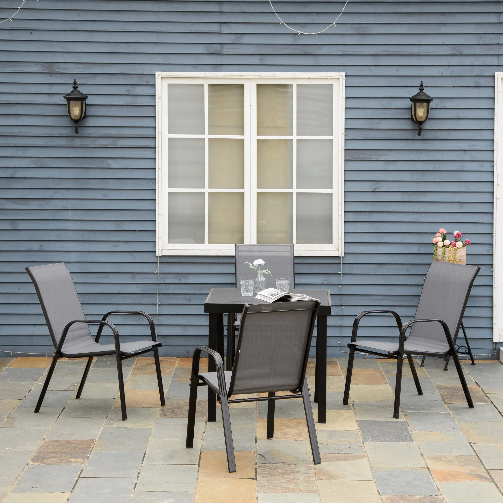 Outsunny Set of 4 Garden Dining Chair Set Stackable Outdoor Patio Furniture Set with Backrest and Armrest - Image 9