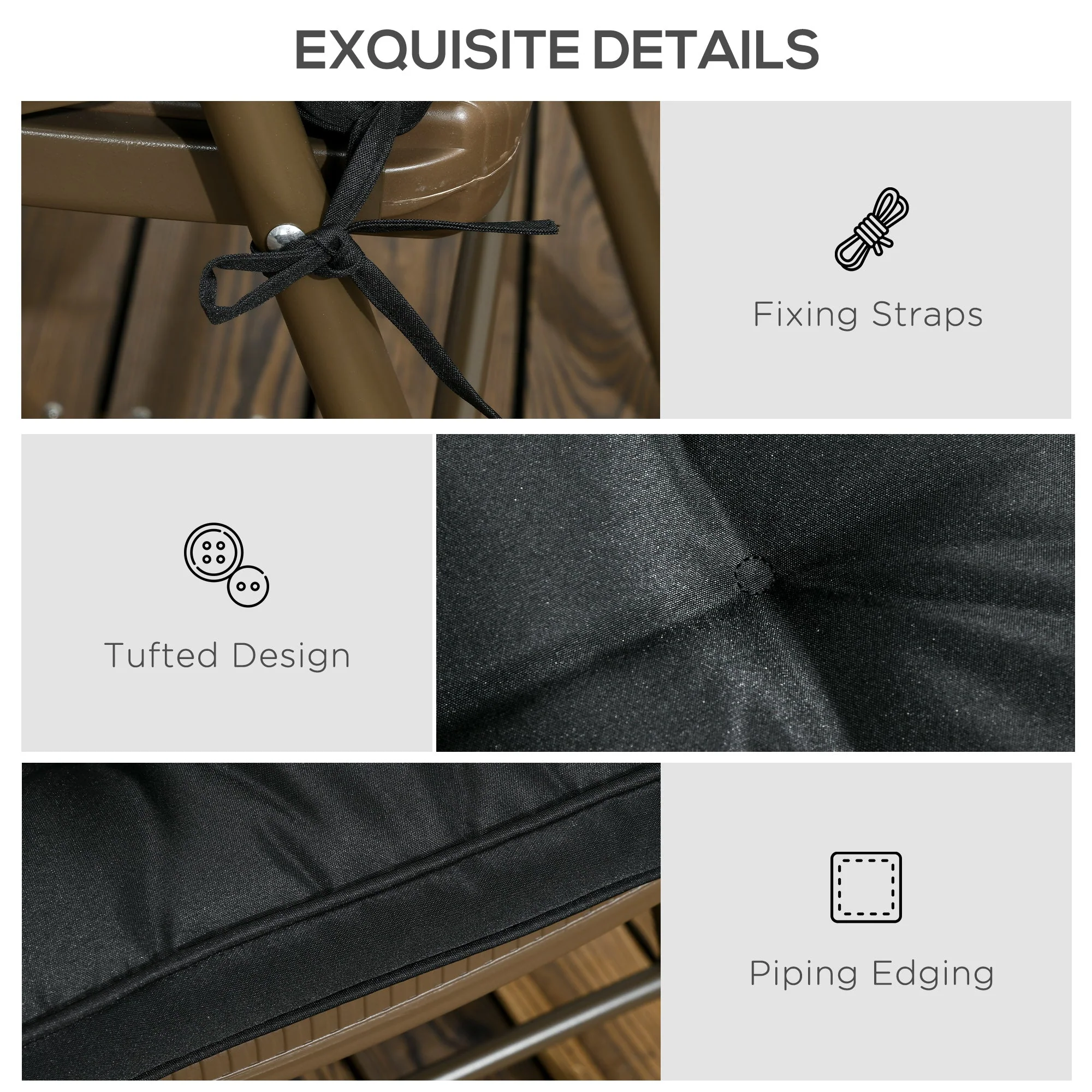 Set Of 4 Garden Seat Cushion With Ties 42 X 42cm Replacement Dining Chair Seat Pad Black - Image 6