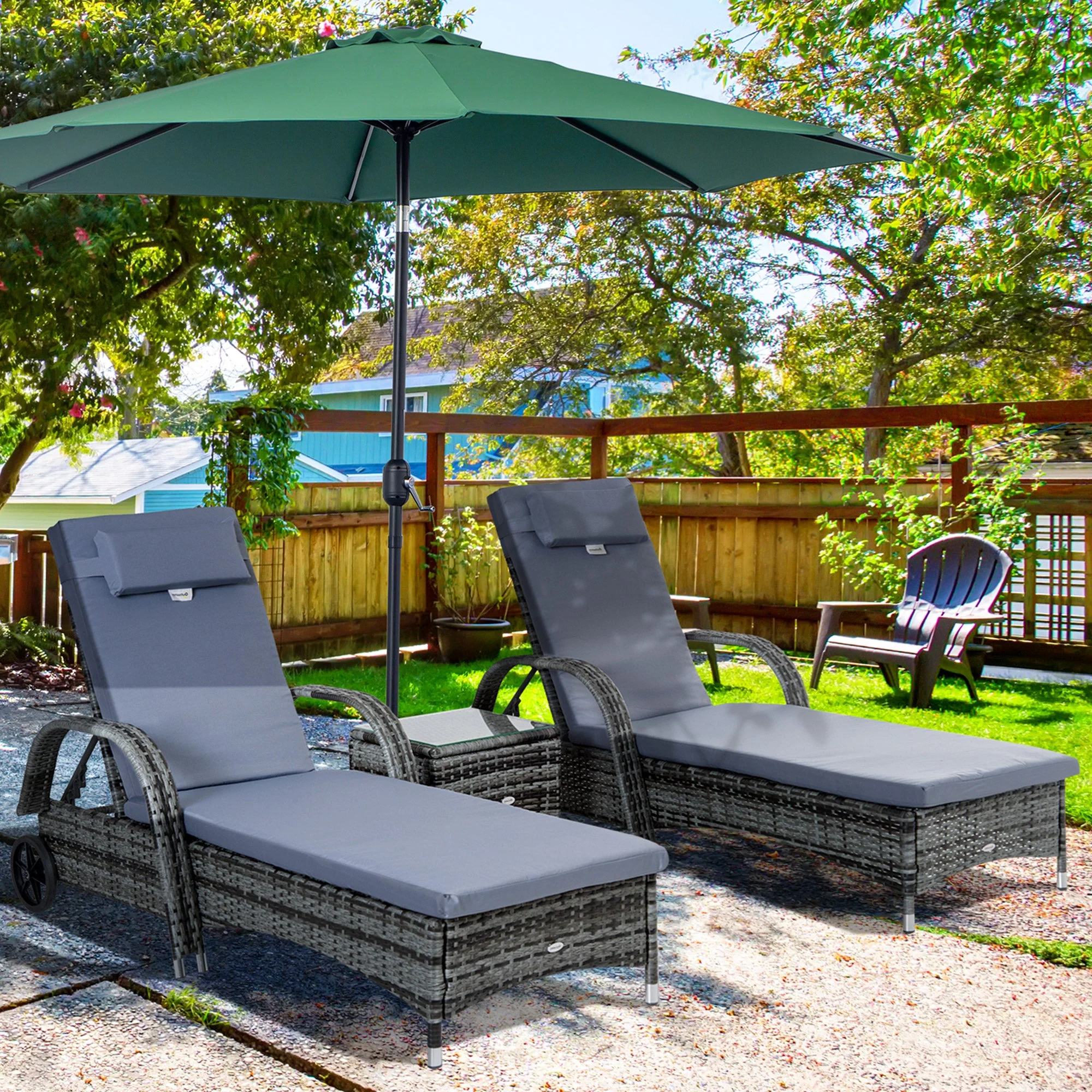 Outsunny Set Of Two Rattan Sun Loungers With Side Table - Grey - Image 2