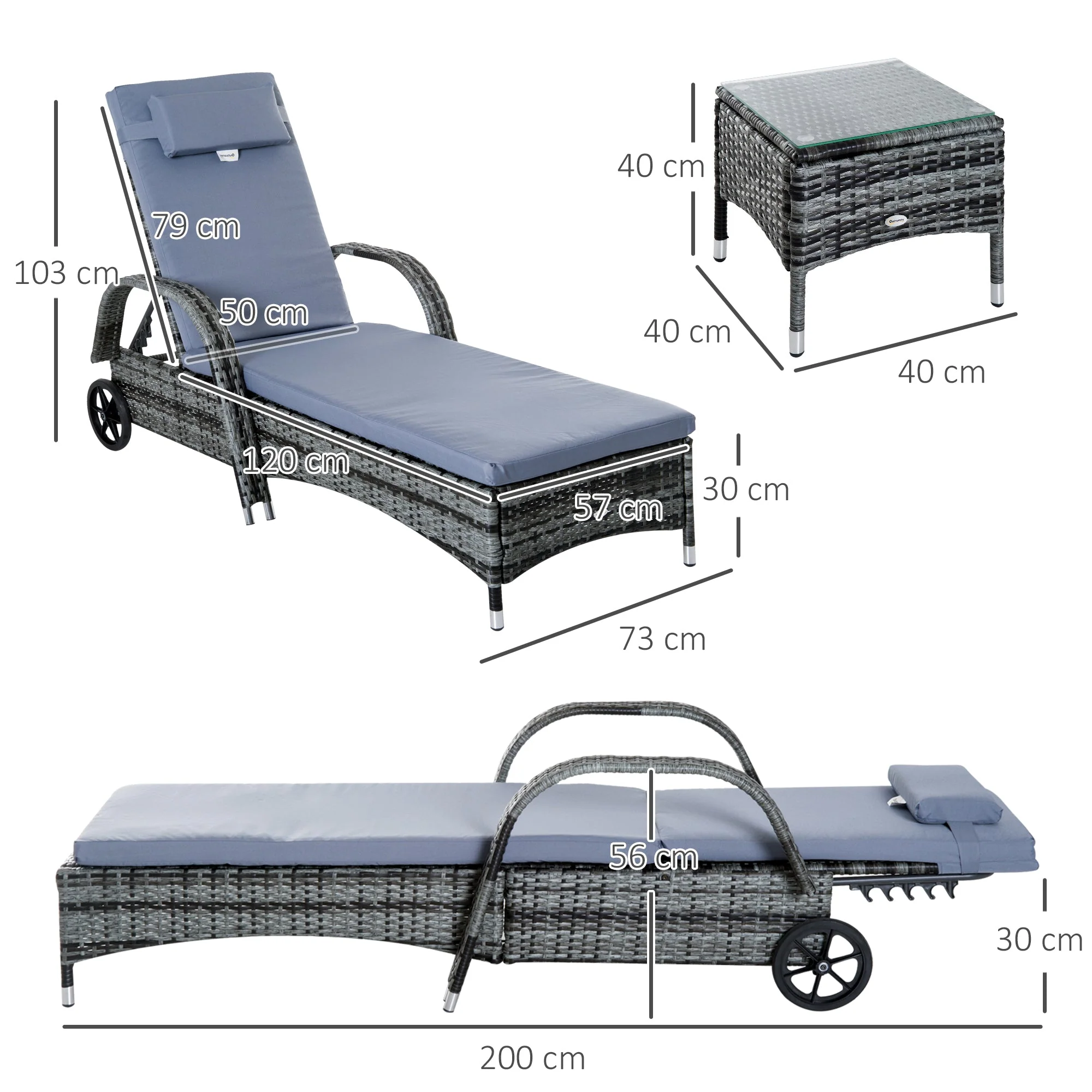 Outsunny Set Of Two Rattan Sun Loungers With Side Table - Grey - Image 3