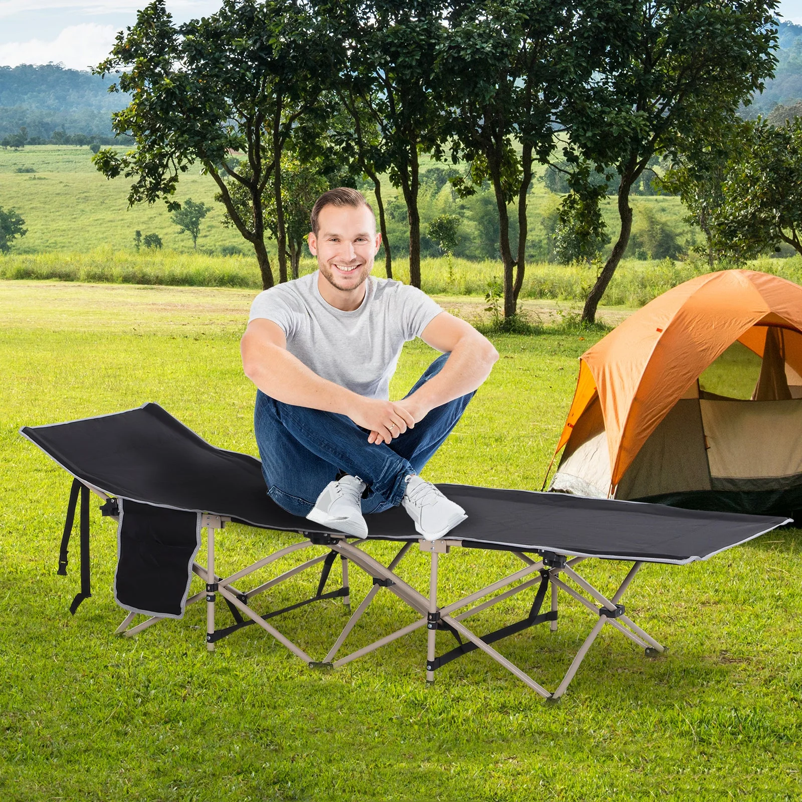 Outsunny Single Person Camping Bed Folding Cot Outdoor Patio Portable Military Sleeping Bed Travel Guest Leisure Fishing With Side Pocket And Carry Bag - Black - Image 2