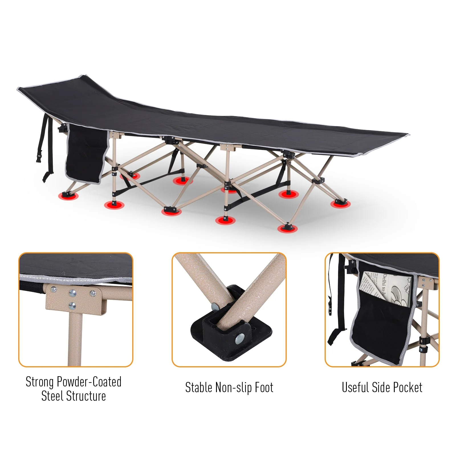 Outsunny Single Person Camping Bed Folding Cot Outdoor Patio Portable Military Sleeping Bed Travel Guest Leisure Fishing With Side Pocket And Carry Bag - Black - Image 5