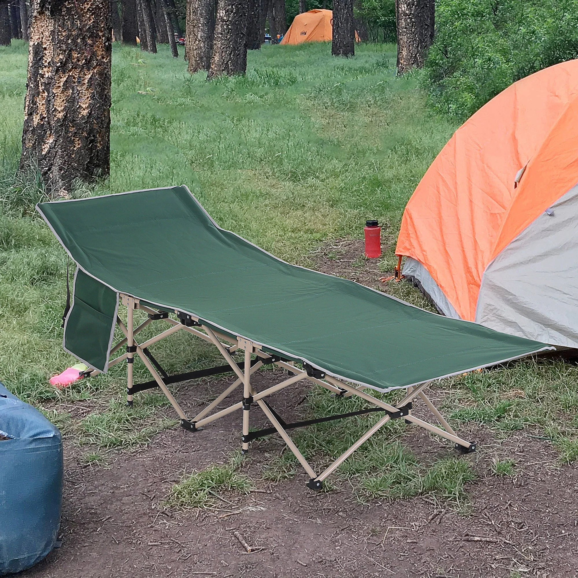 Outsunny Single Person Camping Bed Folding Cot Outdoor Patio Portable Military Sleeping Bed Travel Guest Leisure Fishing with Side Pocket and Carry Bag - Green - Image 2